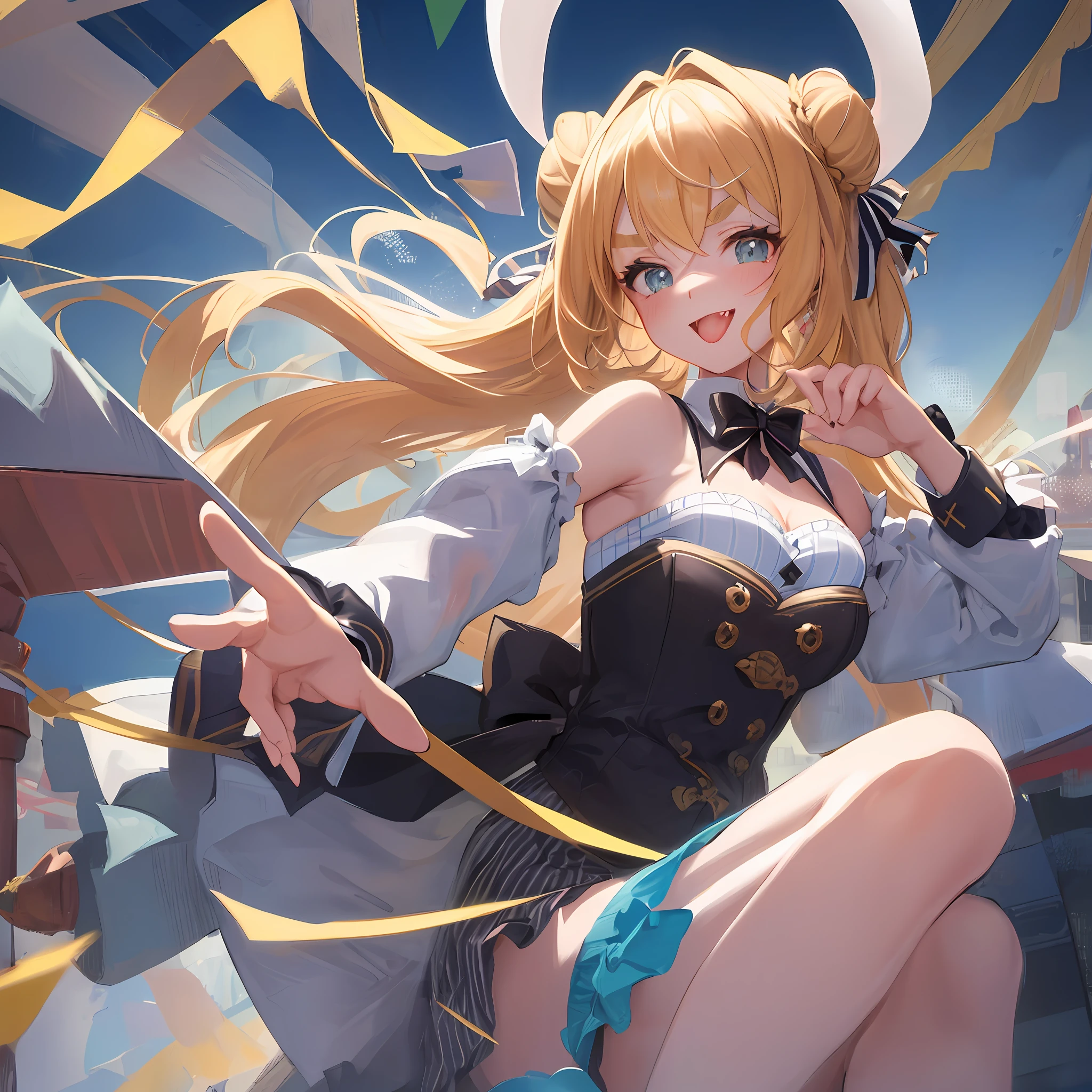 Face focus, tongue, mouth wide open, mouth focus, thick eyebrows, beautiful eyes, rabbit ears, striped buns, striped bra, evil smile, beautiful golden hair, refreshing sunlight, ((masterpiece)), ((best quality)), (super detailed), cute girl, one girl, solo, ((beautiful eyes)), anime girl, happy and cute face, beautiful detailed eyesclean and detailed face, five fingers, textile shading, perfect anatomy,
