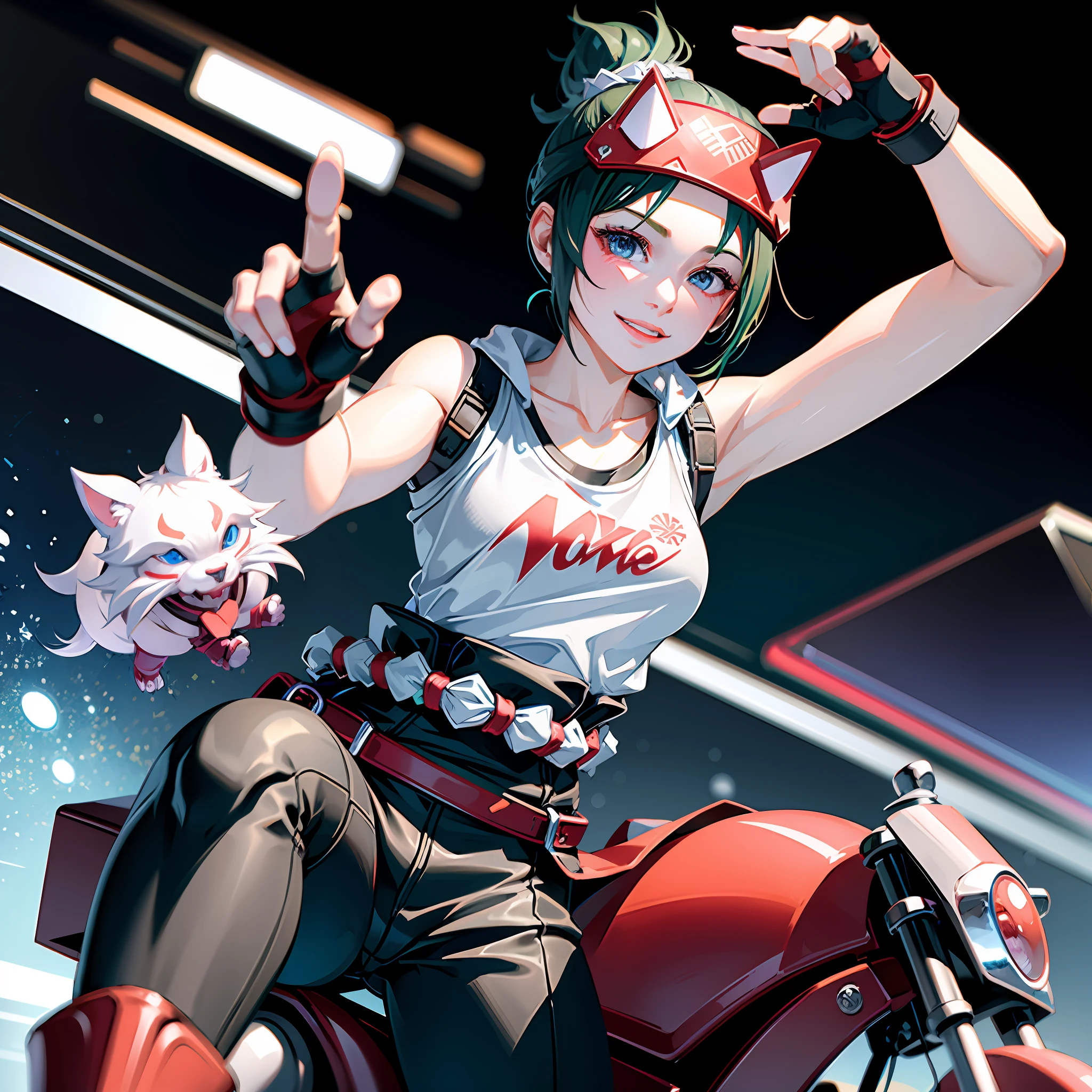 (extremely detailed CG unity wallpaper,masterpiece, best quality),(best illumination, best shadow),(relaxed& casual feel),(Kiriko (Overwatch)),(sitting on a motorcycle),(sexy smile),(will add personal touch, and creative edits), (leather long pants,showcasing legs),(single hair bun,looking absolutely stunning),(a hoodie and tank top adding to the casual look),(selfie POV),(taken while solo),(biker view):(0.9)