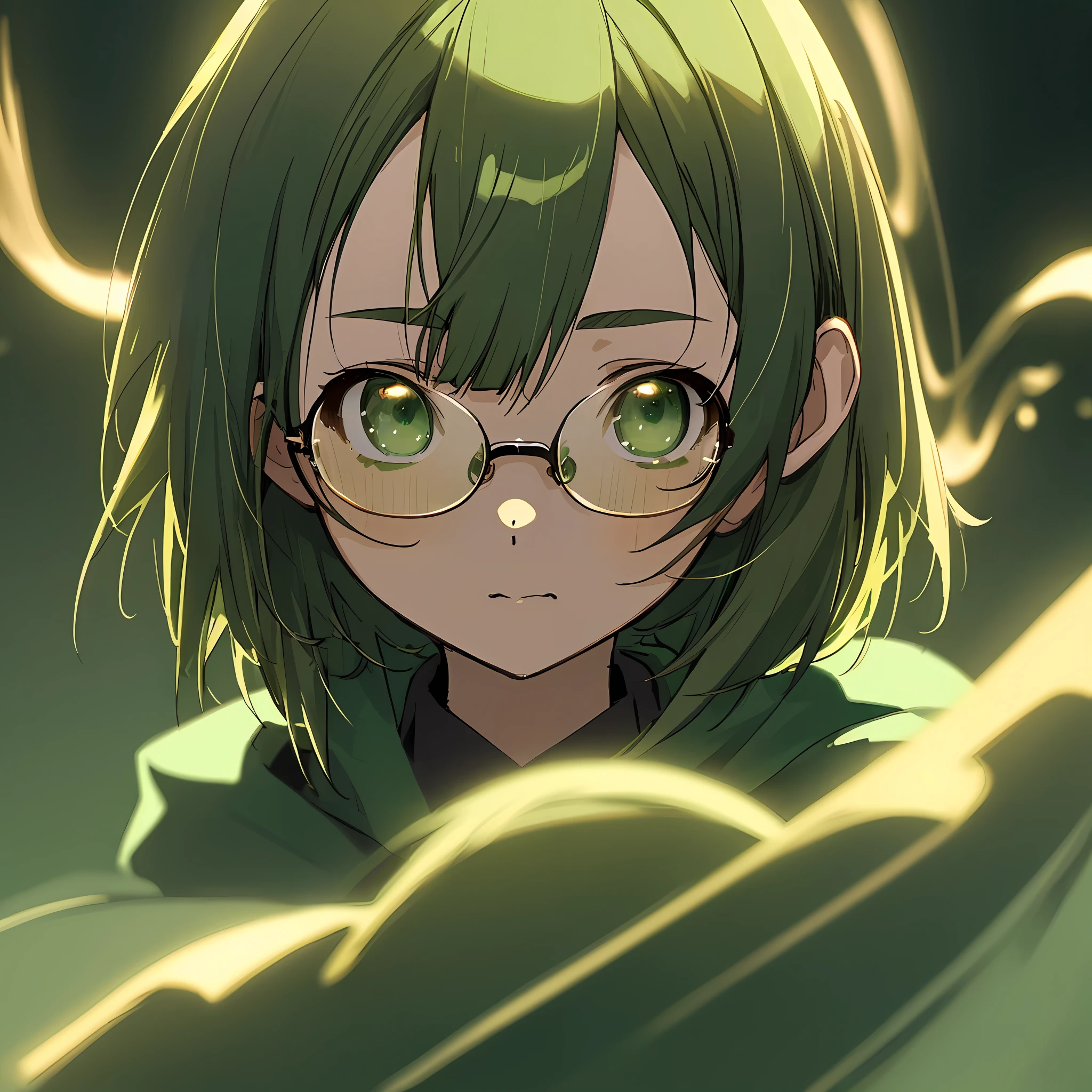 anime, deejaying girl, (highest picture quality),masterpiece,best quality,extremely detailed CG wallpaper, ultra_detailed,(Cinematic Lighting:1.1), (cold face), green eyes, 1girl, solo, dark-green_hair, hoodie, looking_at_viewer, short_hair, upper_body, masterpiece, best quality, glasses