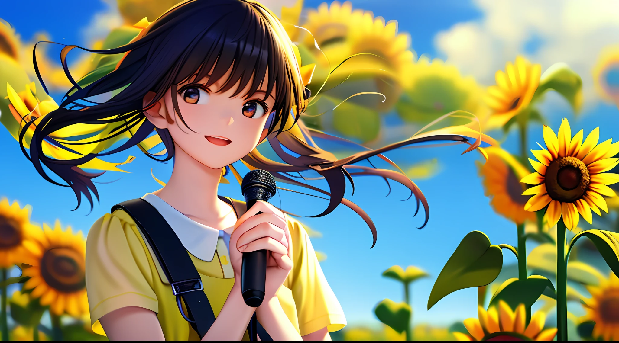 Girl singing in sunflower field, yellow dress