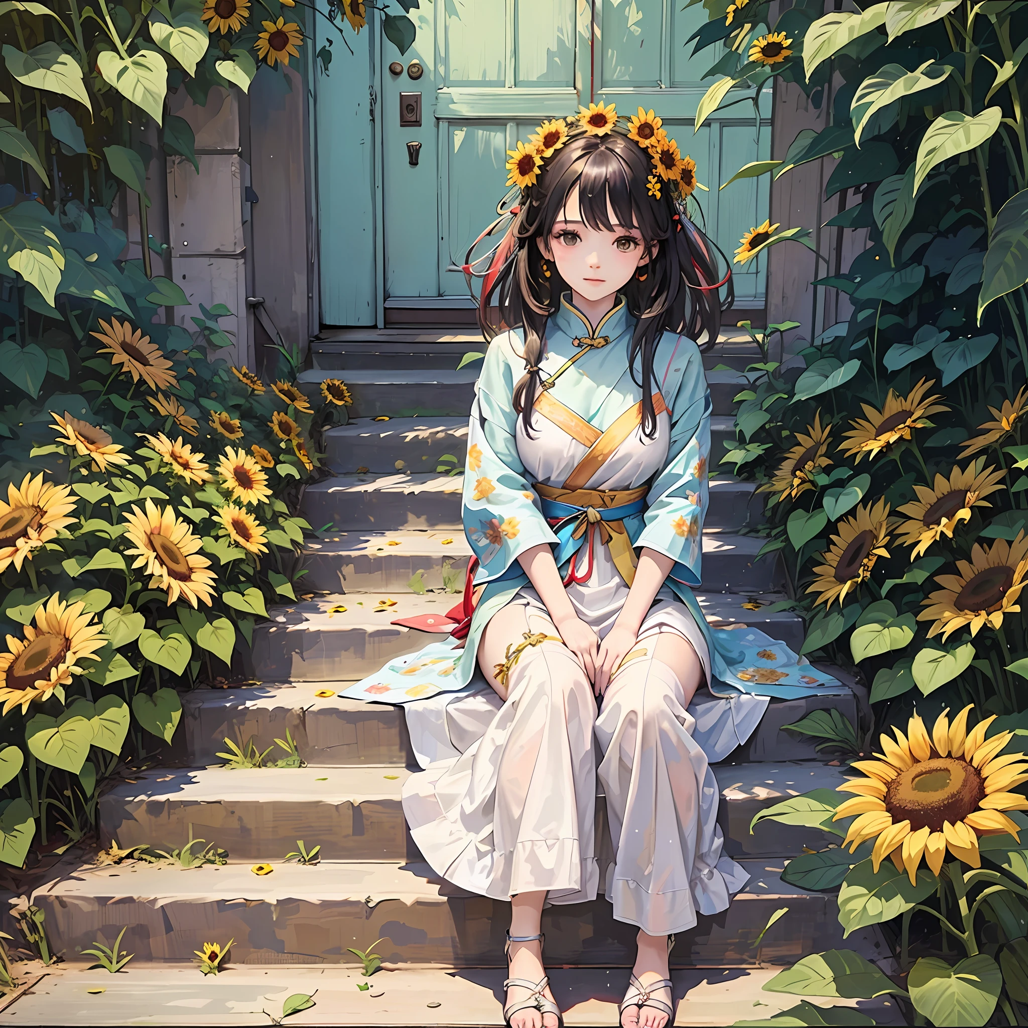 RAW photo, masterpiece, best quality, (1girl), 20yo, sitting at the stair, lots of sunflowers around, outdoor, sunny day, happy, colorful Chinese dress, beautiful girl, messy hair, floating hair and clothes in the wind