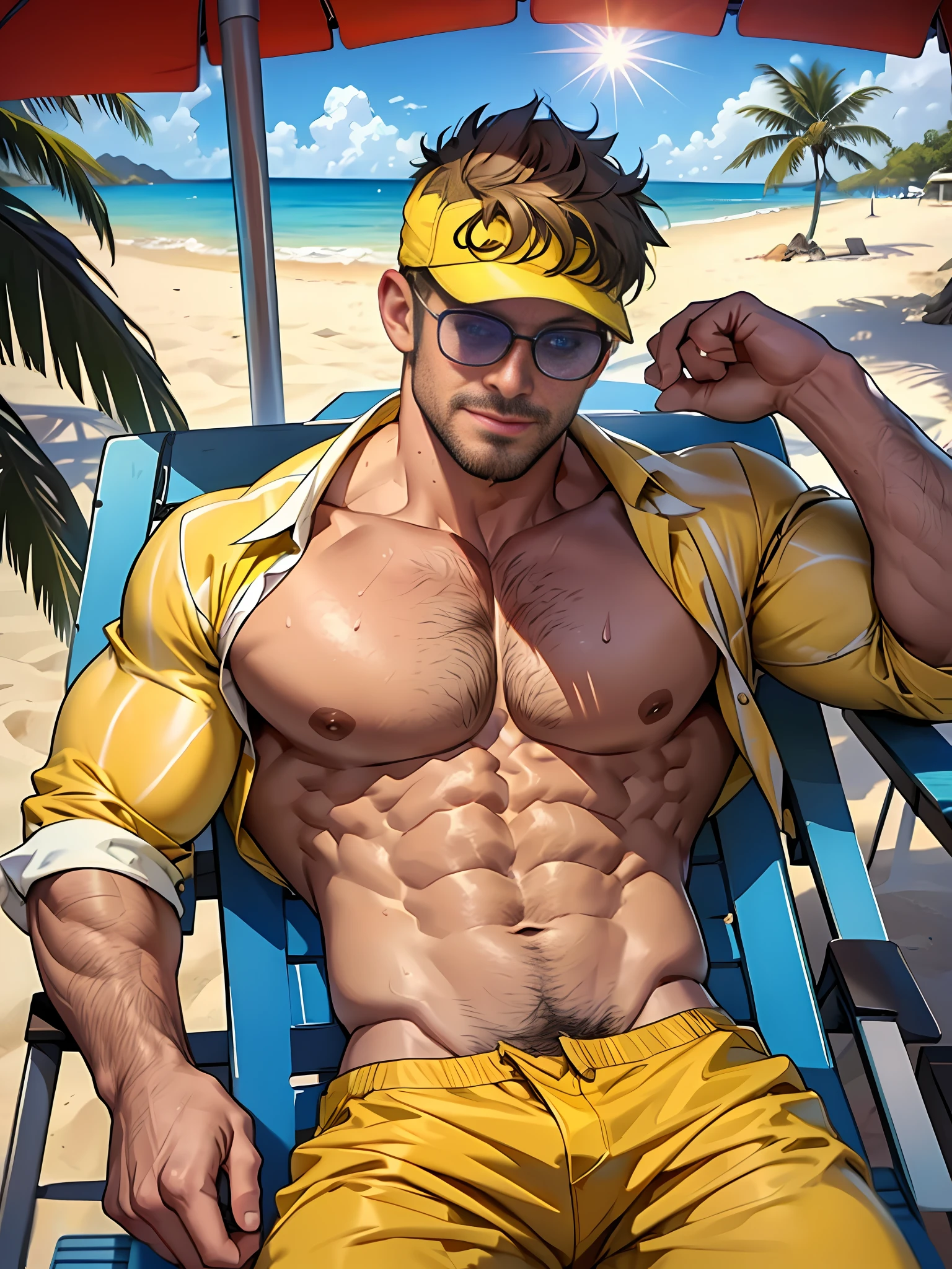 30 years old, male, white inch, stubble, huge muscles,  man, muscle swelling, bodybuilding, pectorals, abs, at the beach, wearing a yellow lemon pattern vest, opaque sunglasses, beach pants, lemonade in hand, natural light, lemon yellow baseball cap, hands behind the head, lying on a beach chair, wheat-colored skin, sweat all over, 1 person