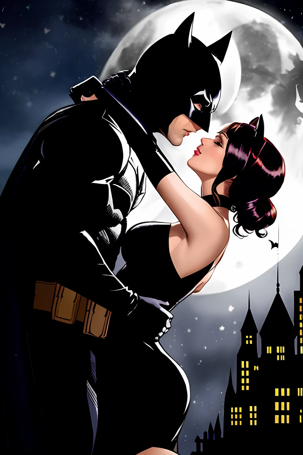 draw the shadows of Batman and Catwoman in the moonlight of Gotham city for Valentine's Day, 64k,