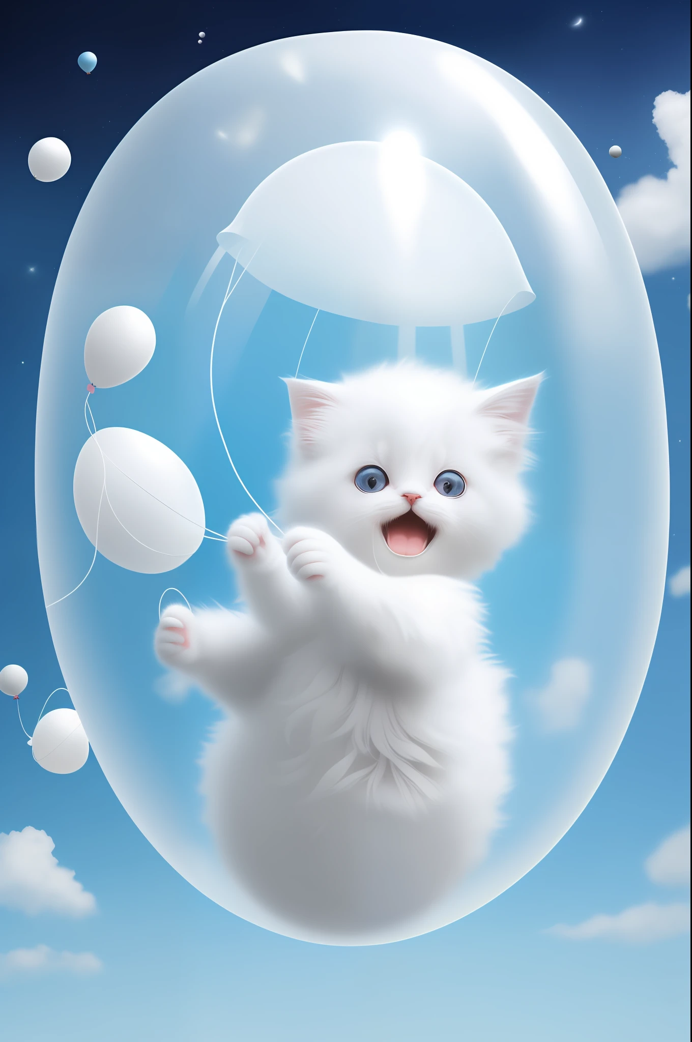 A cute fluffy white-haired kitten with big ears, big eyes, inside a large balloon, full body, roses, light blue background, Morandi color system, minimalist style, open mouth, laugh!!!, funny, (floating in space: 1.1) jubbslineart_v2