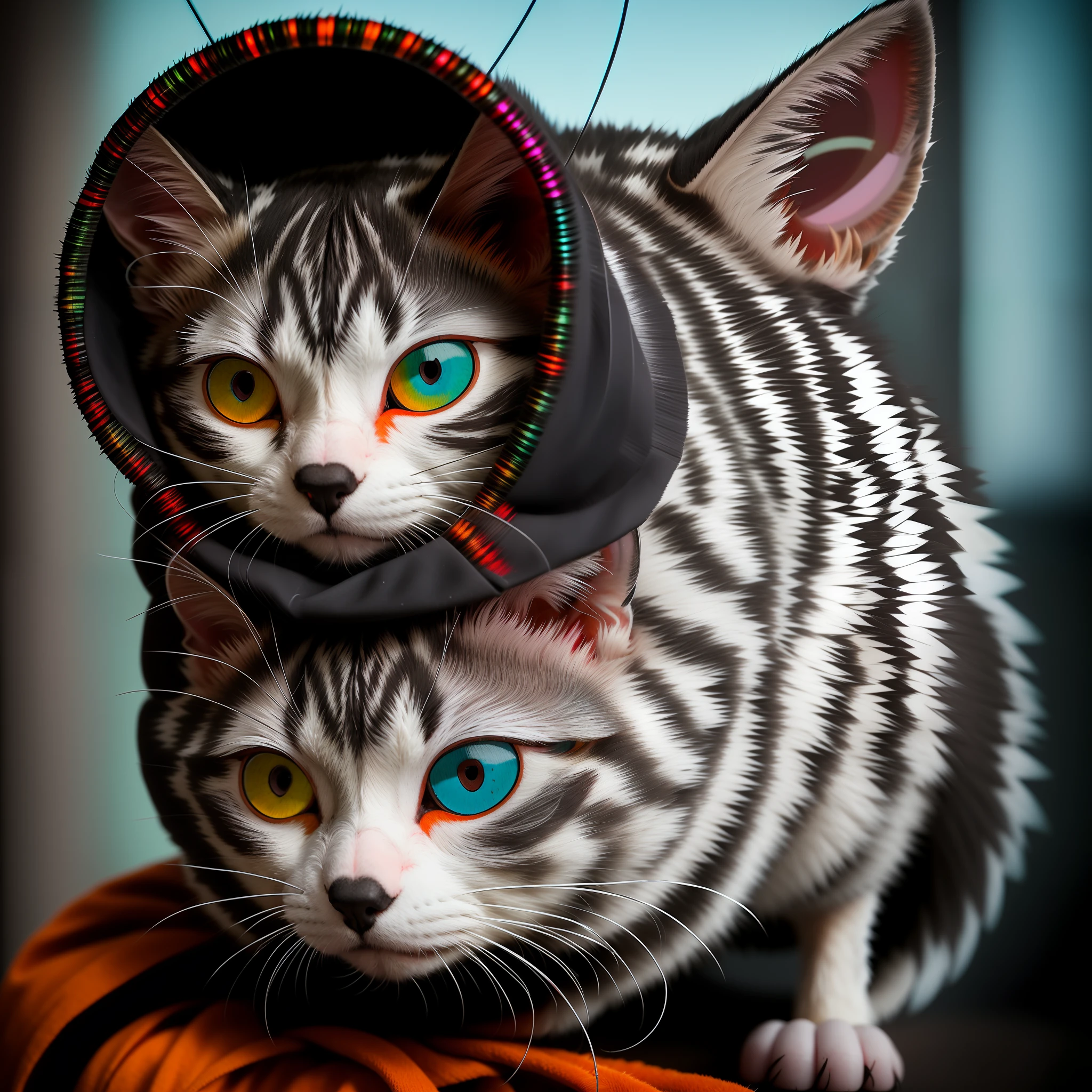 angry hooded kitten,brutal, (Heterochromia:1.5), ([tail | detailed wire]:1.3), (intricate details), hdr, (intricate details, hyper detail:1.2), cinematic frame, vignette, centered