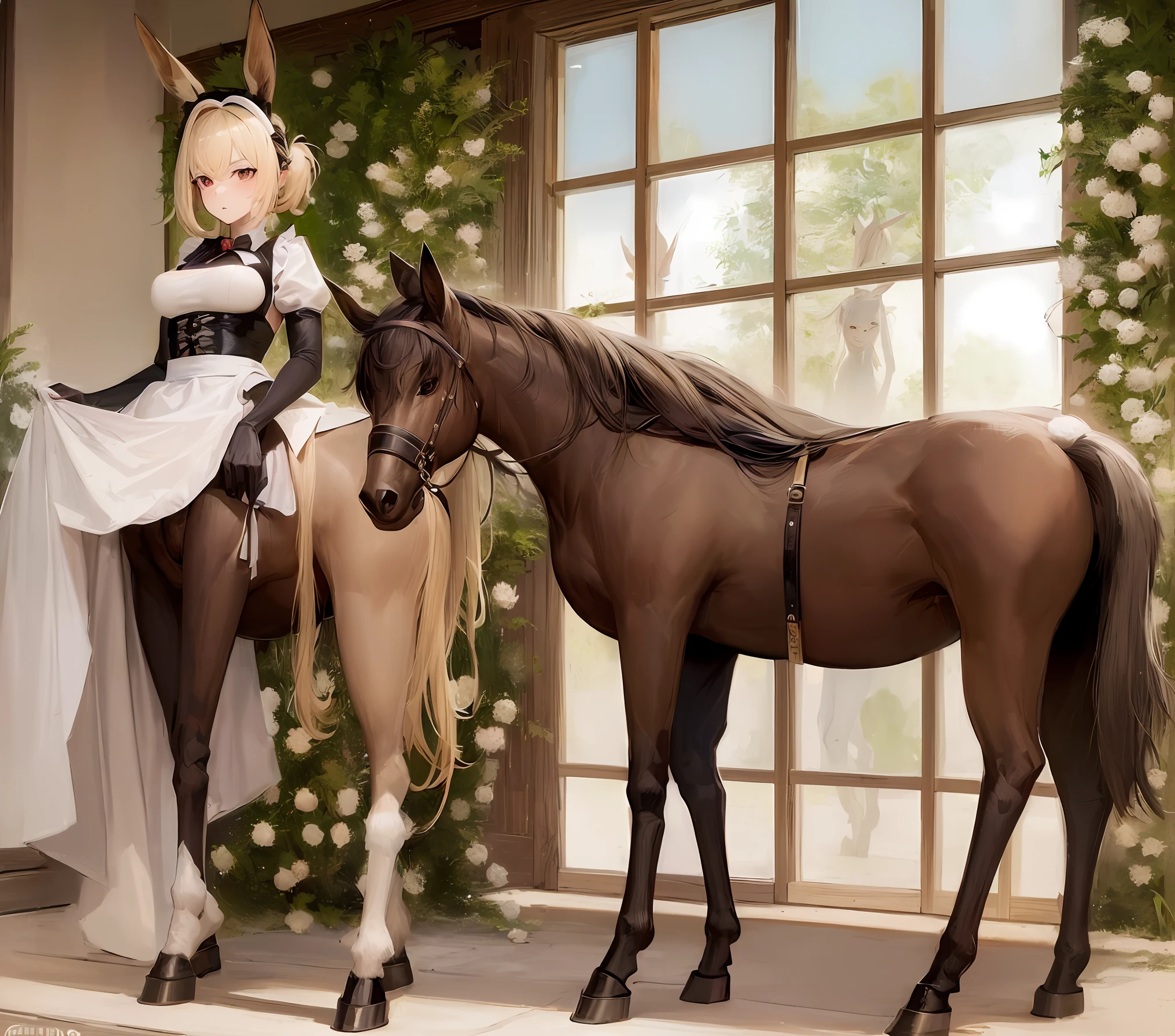 donkey centaur, blonde, femboy, maid dress, medium hair, otokonoko, four legs, donkey, centaur, donkey ears, donkey tail, centauroid, taur, hikimayu