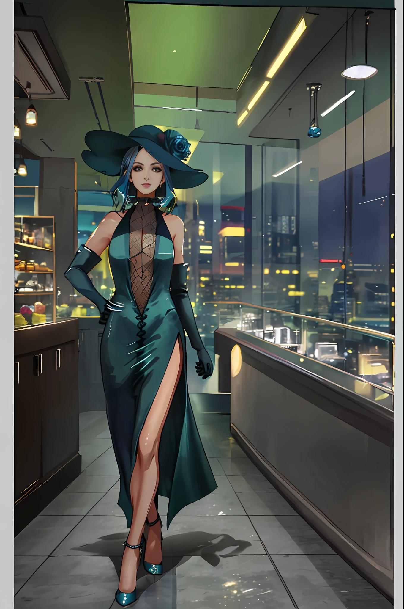 1woman, solo, blue hair, gradient hair, green hair, masterpiece, best quality, highres, plunging v-neck dress, open back, sleveless, elbow length gloves, elegant, refined, wide-brim hat with rose, high heels, open side, v-neck to navel