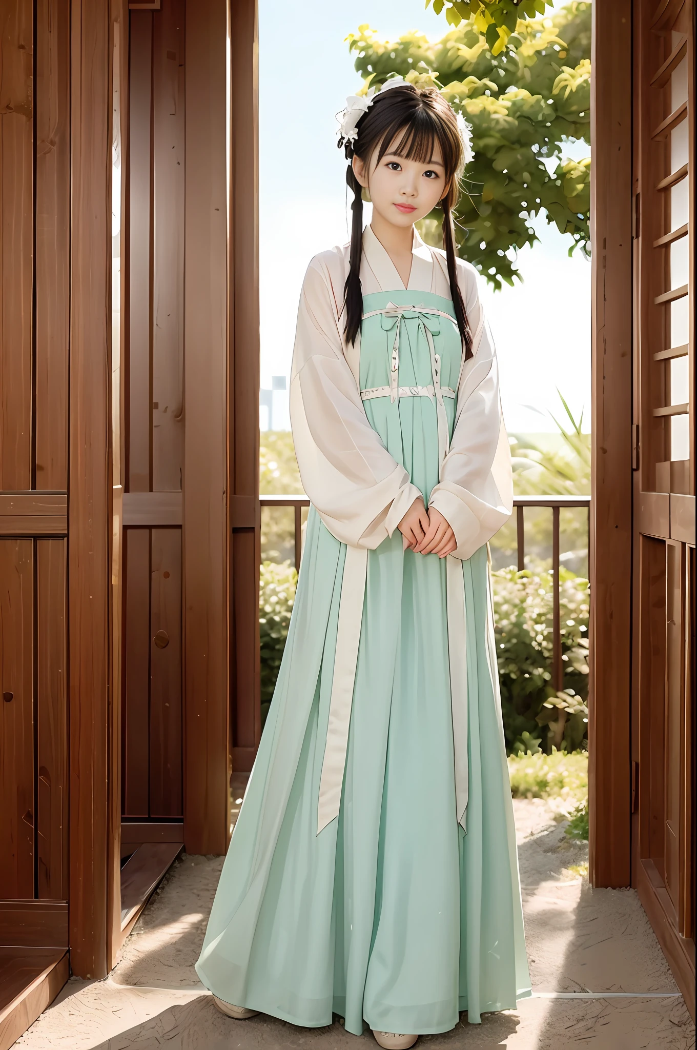 Realistic picture quality, 8K Ultra HD: 1.2, Masterpiece: 1.2, Cute 1girl dating smile 0.9 Shut up small chest, beautiful and delicate eyes, Hanfu Tang Dynasty Tang Costume: 1.4, Full body, Single: 1.8, Looking at the audience: 1.3, Wet, Simple aging background 1.4, Letterbox, Negative space, Depth of Field 1.2, Lens flare 1.2, Movie lighting 1.2, Sunset 1.2.