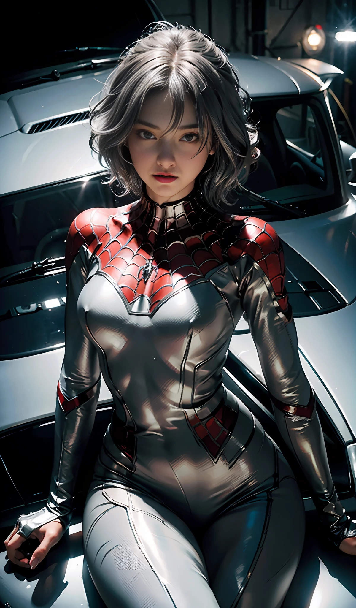 (Extreme Detail CG Unity 8K wallpaper, masterpiece, highest quality), (Exquisite lighting and shadow, highly dramatic picture, Cinematic lens effect), a girl in a silver Spider-Man costume, silver gray hair color, from the Spider-Man parallel universe, Wenger, Marvel, Spider-Man, sitting on a racing car, dynamic pose), (excellent detail, outstanding lighting, wide angles), (excellent rendering, enough to stand out in its class), with a focus on white Spider-Man costumes, complex spider textures