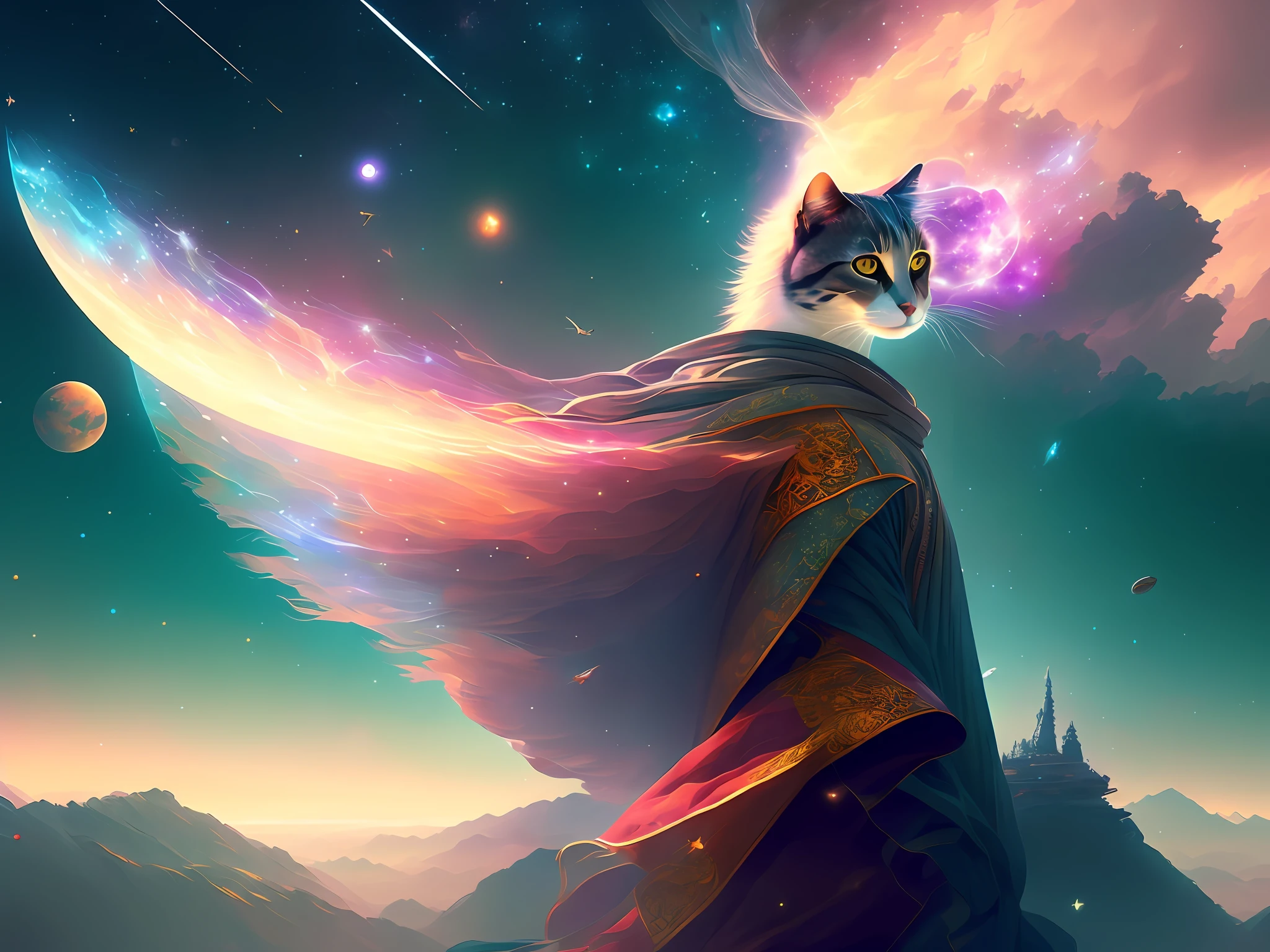 A cat soaring in outer space between the stars, buddhist robe, dreamy, concept art, misty, elegant, highly detailed, in style of greg rutkowski, dim colors, soothing tones