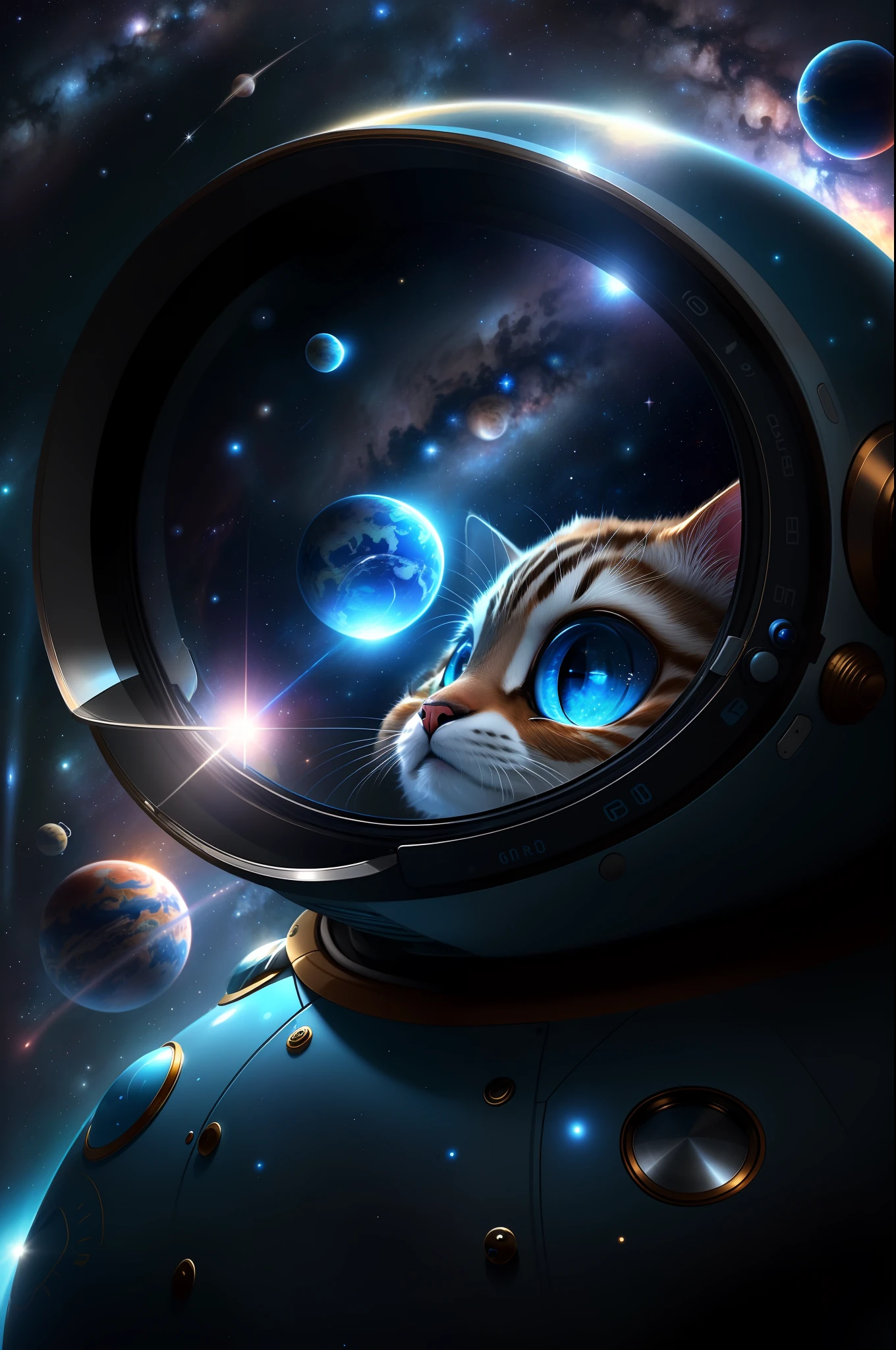CG rendering of delicate scene, a cat, full character, big blue eyes,wearing astronomy spacesuit and helmet, floating in blue sky by many planets, eyes focus, extremely detailed, ultra-wide shot, best quality, highres,
