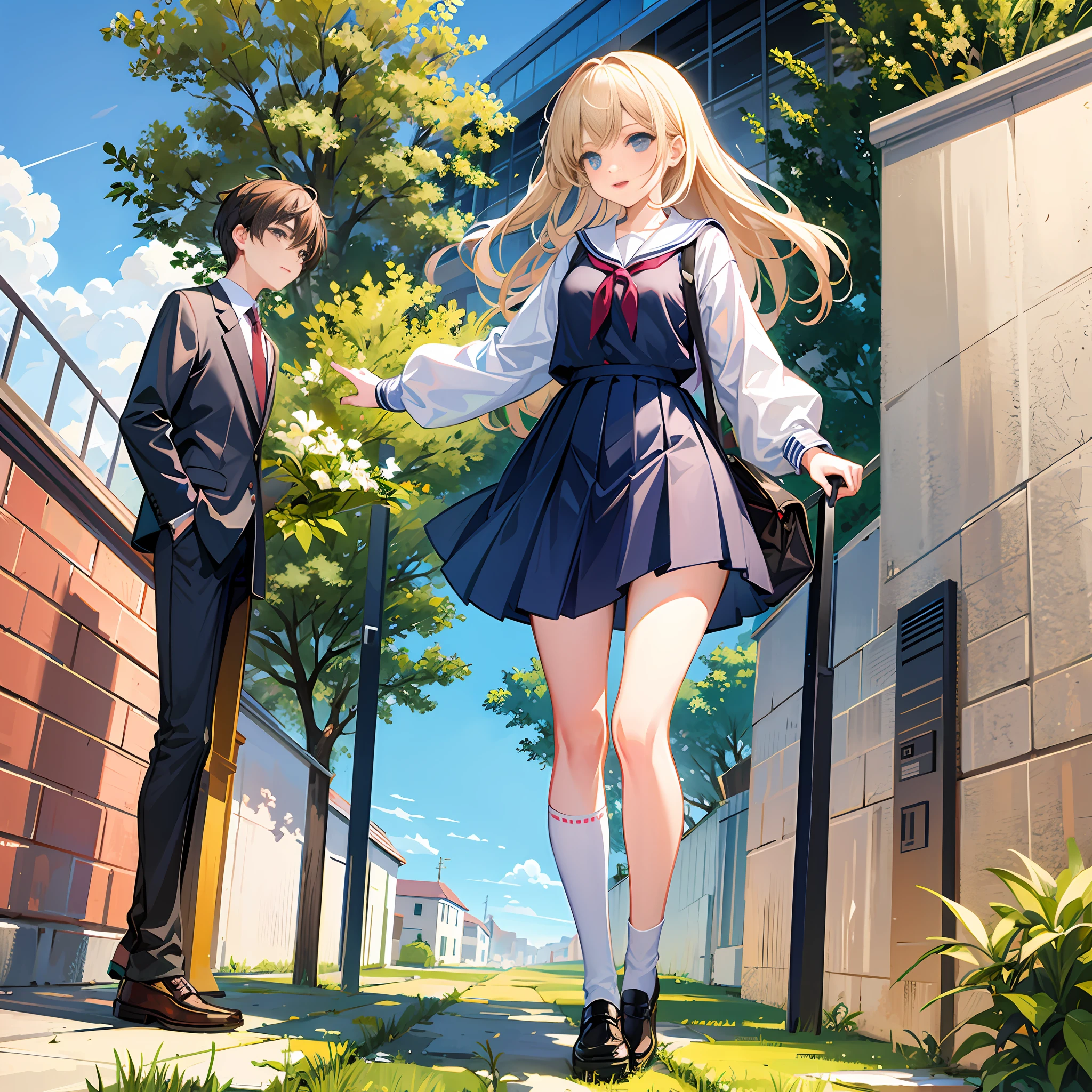 Masterpiece, 1girl, 1 boy, kiss, solo, happy, skirt, inside campus, campus, daytime, trees, walking on the path, teaching building,