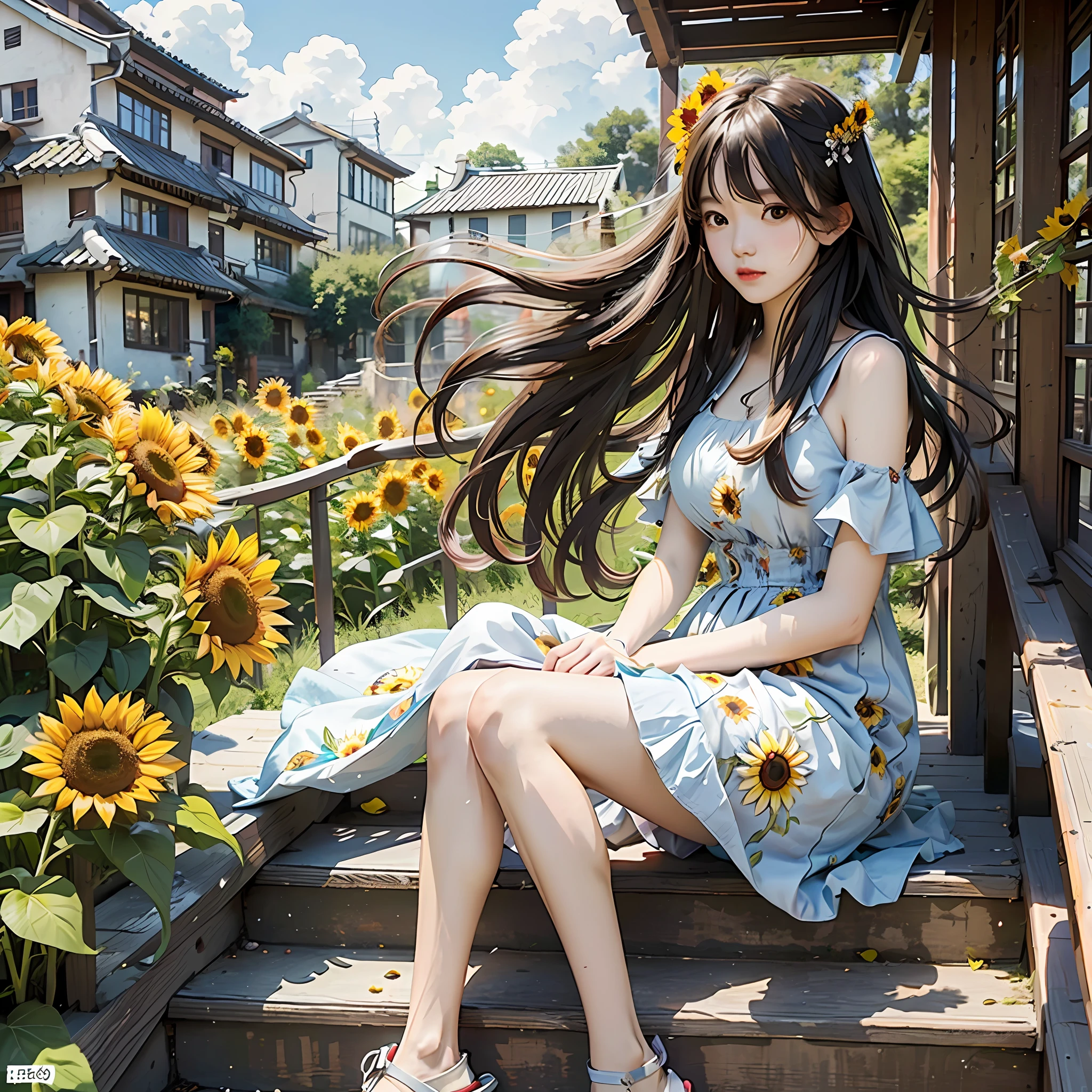 RAW photo, masterpiece, best quality, (1girl), 20yo, sitting at the stair, lots of sunflowers around, outdoor, sunny day, happy, colorful Chinese dress, beautiful girl, messy hair, floating hair and clothes in the wind