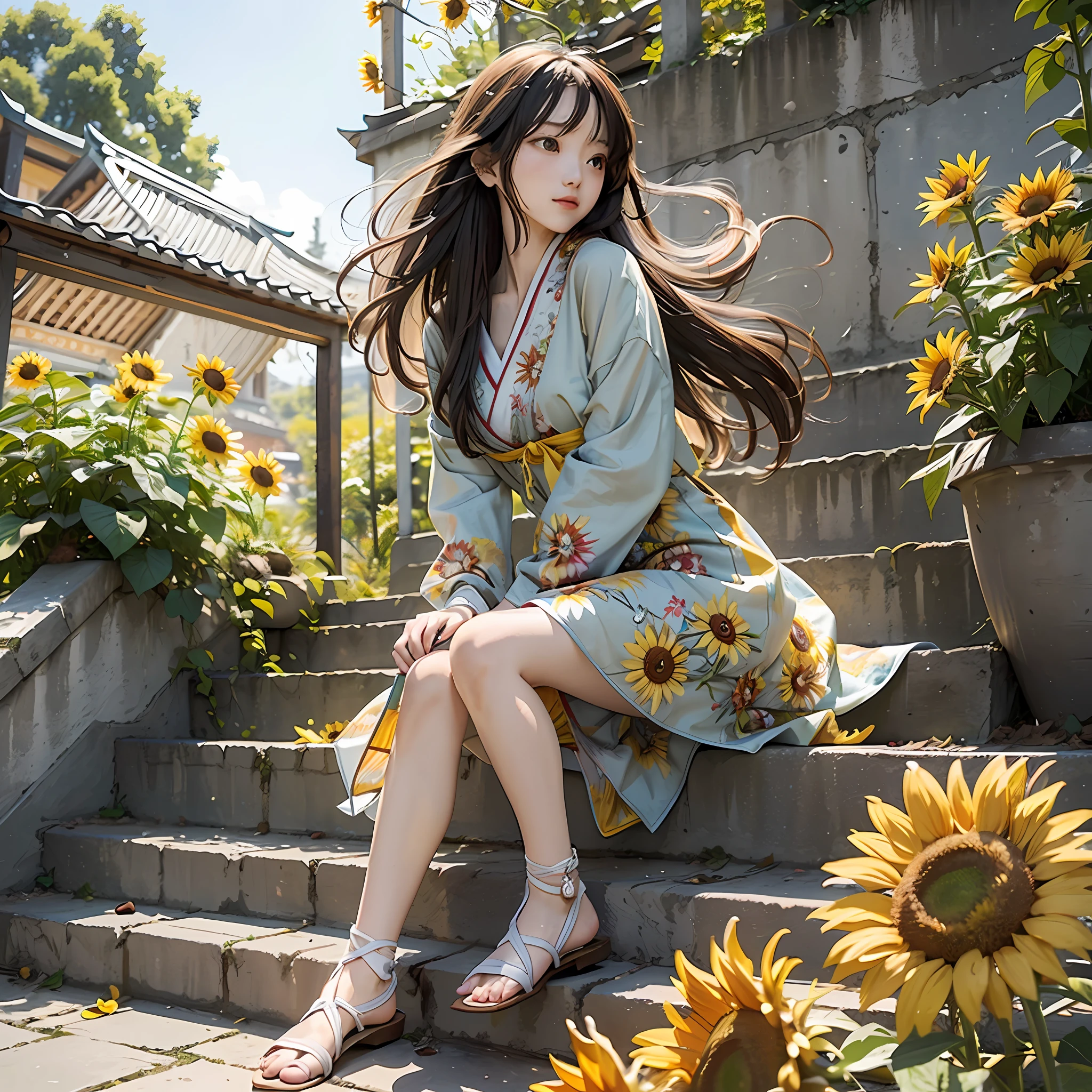 RAW photo, masterpiece, best quality, (1girl), 20yo, sitting at the stair, lots of sunflowers around, outdoor, sunny day, happy, colorful Chinese dress, beautiful girl, messy hair, floating hair and clothes in the wind