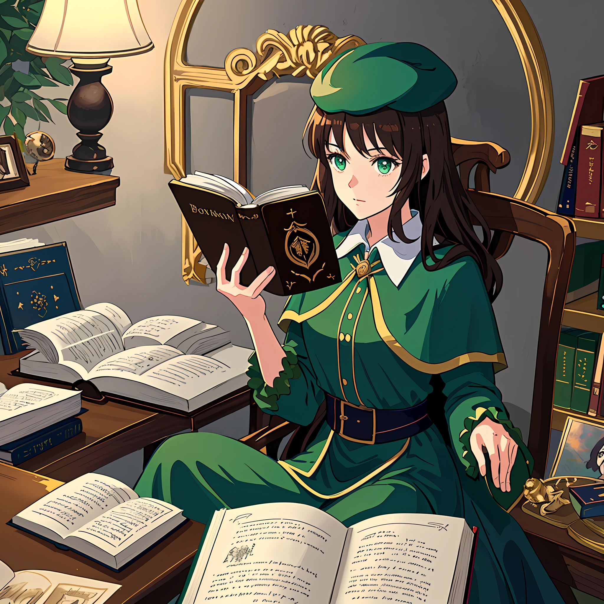 (HIGH QUALITY), masterpiece, best illumination, best shadow, ultra-detailed, extremely detailed CG unity 8k wallpaper, floating girl sitting reading a realistic book, dark brown hair and azuil eyes, long dress, green beret on head, sitting in a chair reading a book, in bowater art style, book portrait, rpg book portrait, dramatic reading book pose, digital anime illustration, reading a book, charlie bowater style, highly detailed character, anime girl with long hair, dramatic reading spell book pose, charlie bowater style, reali young anime girl
