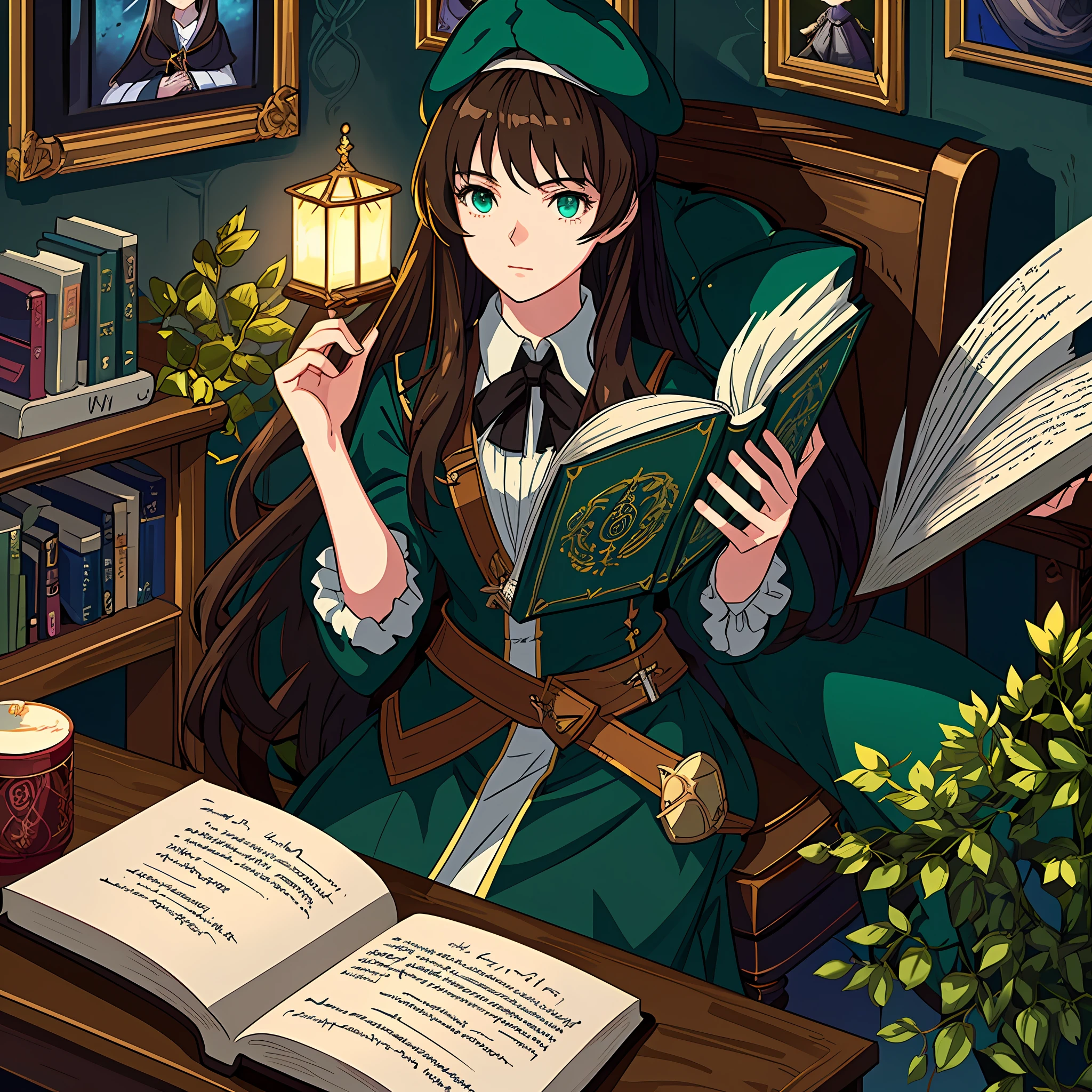 (HIGH QUALITY), masterpiece, best illumination, best shadow, ultra-detailed, extremely detailed CG unity 8k wallpaper, floating girl sitting reading a realistic book, dark brown hair and azuil eyes, long dress, green beret on head, sitting in a chair reading a book, in bowater art style, book portrait, rpg book portrait, dramatic reading book pose,  digital anime illustration, reading a book, charlie bowater style, highly detailed character, anime girl with long hair, dramatic reading spell book pose, charlie bowater style, reali young anime girl