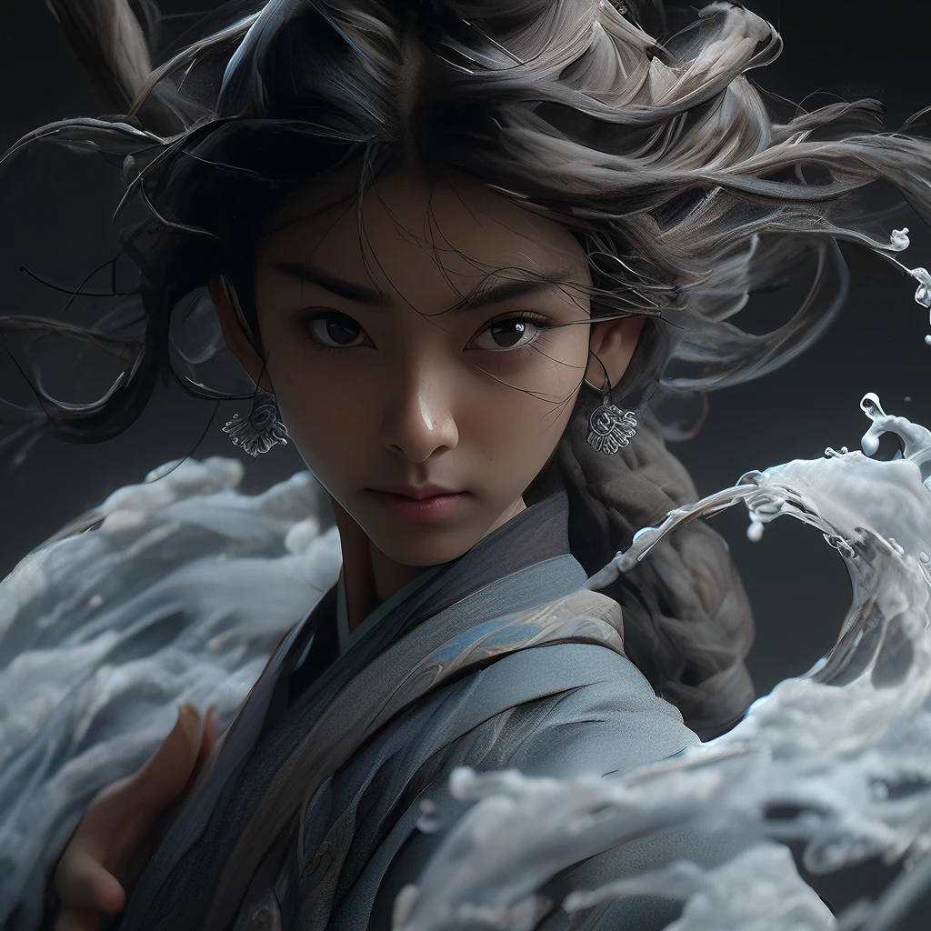 Epic water bending shot, in front, Award WinningPhotographs, Wuxia, A beautiful Chinese women，extreme close - upfocus on face, in the style of photorealistic eye, bokeh，in the style of hyperrealistic illustration, super ultra detail, movie screenshotUnreal Engine, Zbrush3D artVray，Glow Particular，Post Effect，Optical Flares --niji 5 --style expressive --s 400