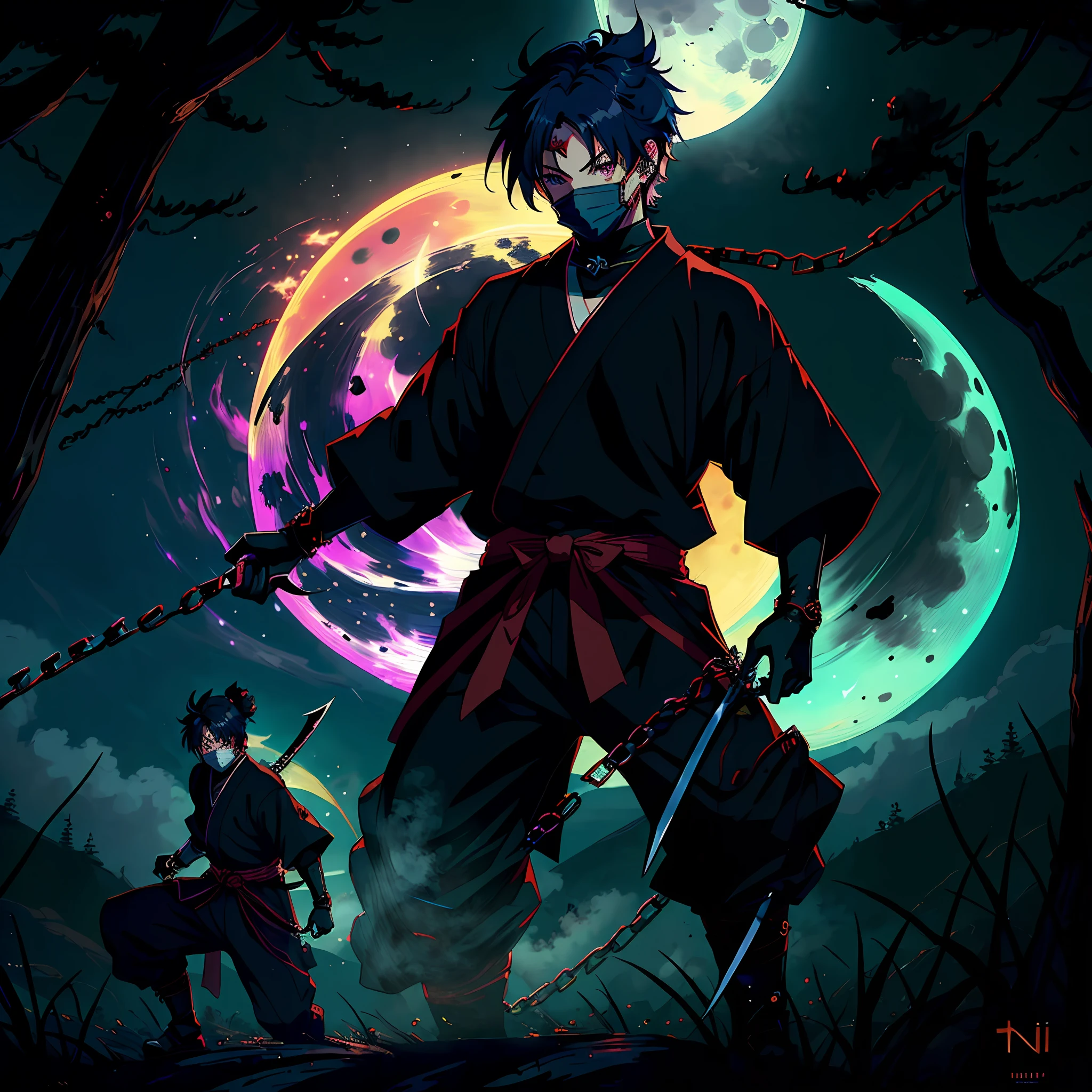((Masterpiece, best quality:1.2)),Anime boy,wearing ninja outfit, wearing an onigiri mask,holding a chain and sickle, surrounded by mist,ninja village, night, surrounded by chains, natural Moon light,highest quality digital art, Stunning art, wallpaper 4k,8k,64k, HD, unparalleled masterpiece, dynamic lighting, cinematic, epic