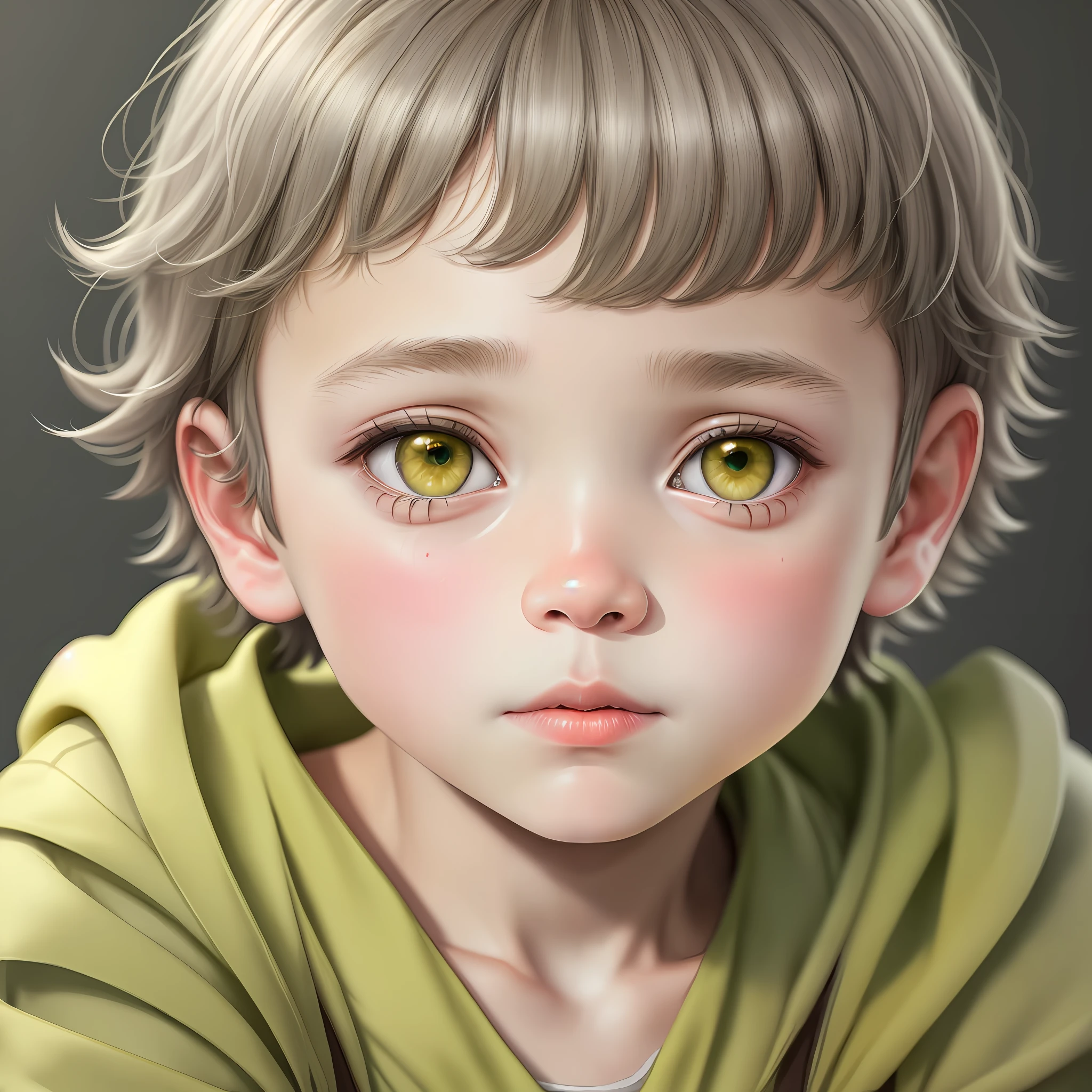 Portrait of a boy, 5-6 , short gray-ash hair, big green eyes, plump lips with a bow, light yellow jumpsuit, realism, watercolor, 4K, High detail