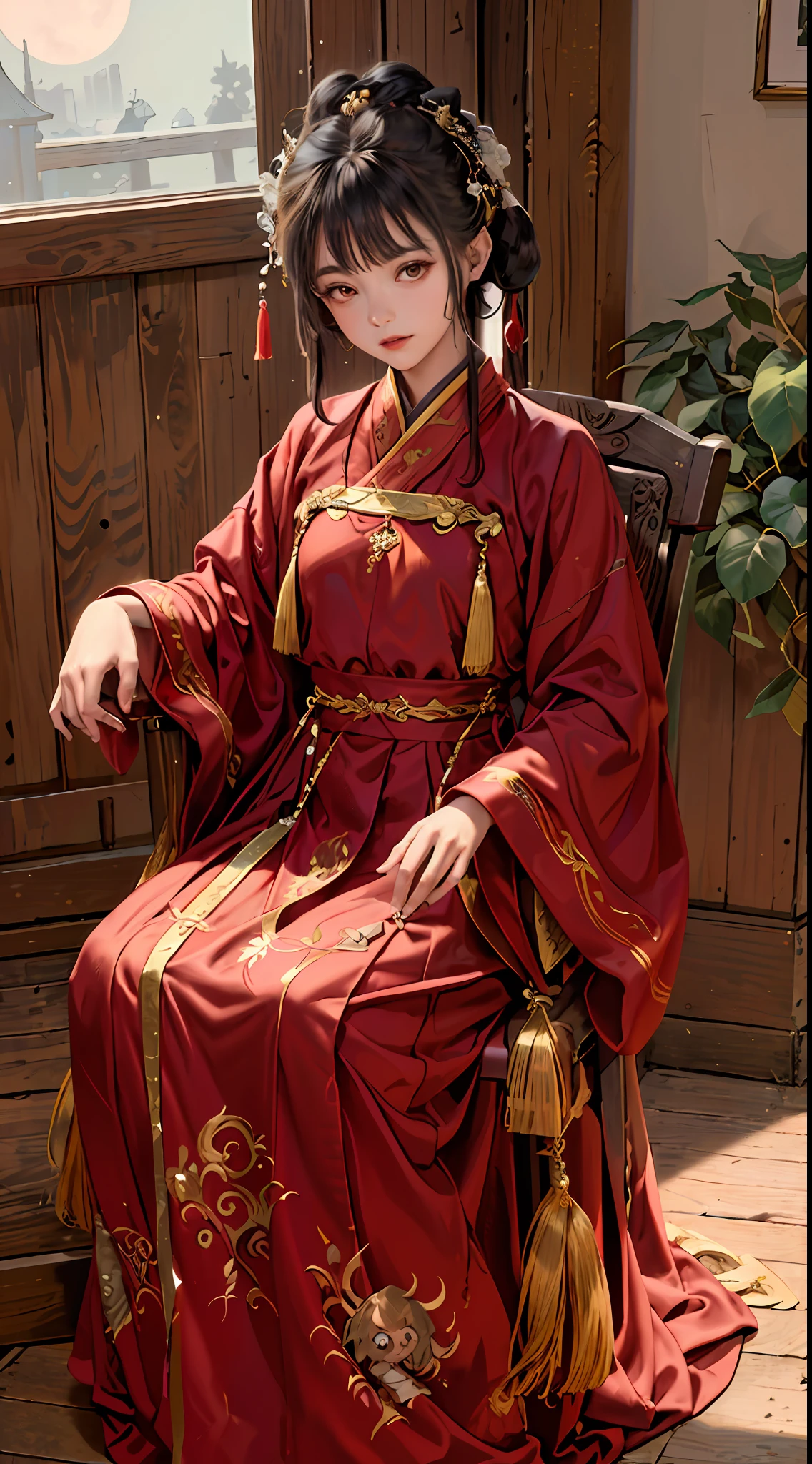 absurdres, highres, ultra detailed, (1girl:1.3), hand drawn, simple line, 16yo girl in red color Chinese Hanfu , masterpiece, sitting at the chair, indoor, ancient room, moon light, with a black cat, night time, (1 cat)