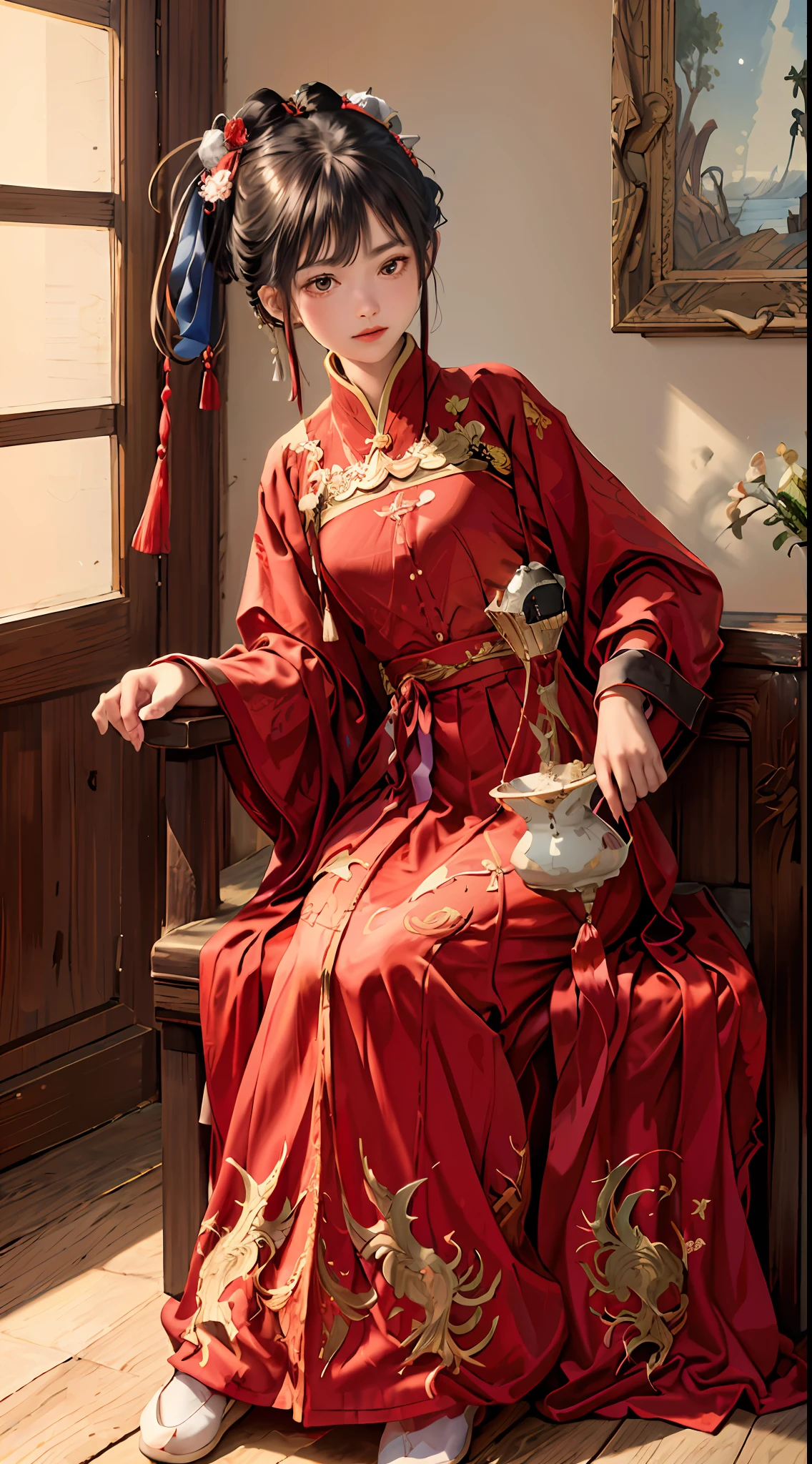 absurdres, highres, ultra detailed, (1girl:1.3), hand drawn, simple line, 16yo girl in red color Chinese Hanfu , masterpiece, sitting at the chair, indoor, ancient room, moon light, with a black cat, night time, (1 cat)
