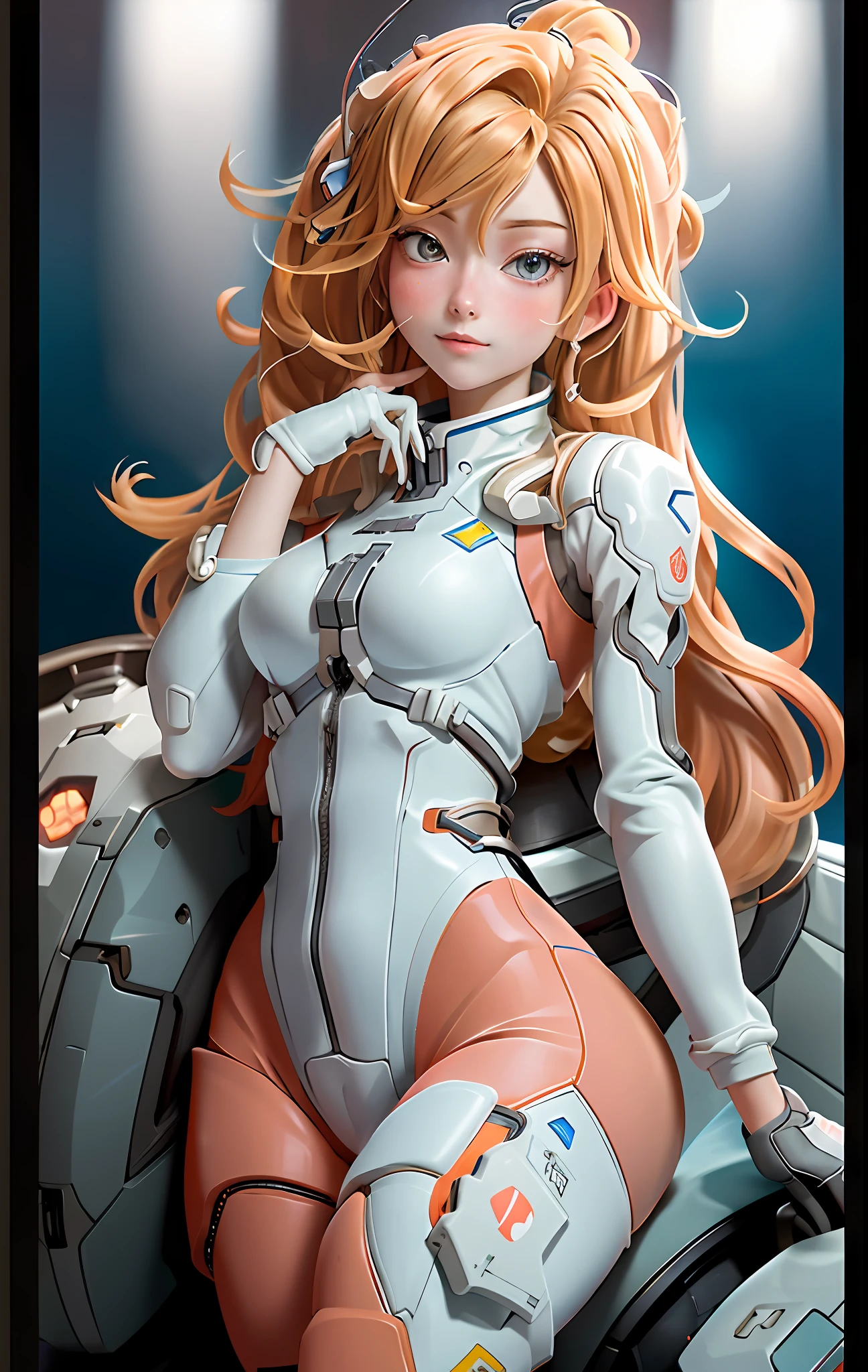 (Overhead view),dynamic angle,ultra-detailed, illustration, close-up, straight on, 1girl, ((souryuu asuka langley, interface headset, red bodysuit:1.4, blonde)),Her eyes shone like dreamy stars,(glowing eyes:1.233),(beautiful and detailed eyes:1.1),(expressionless,closed mouth),(standing), (mechanic room with toolsand spaceship windowin a white SPACESHIP), (night:1.2),dreamy, [[delicate fingers and hands:0.55]::0.85],(detail fingers),