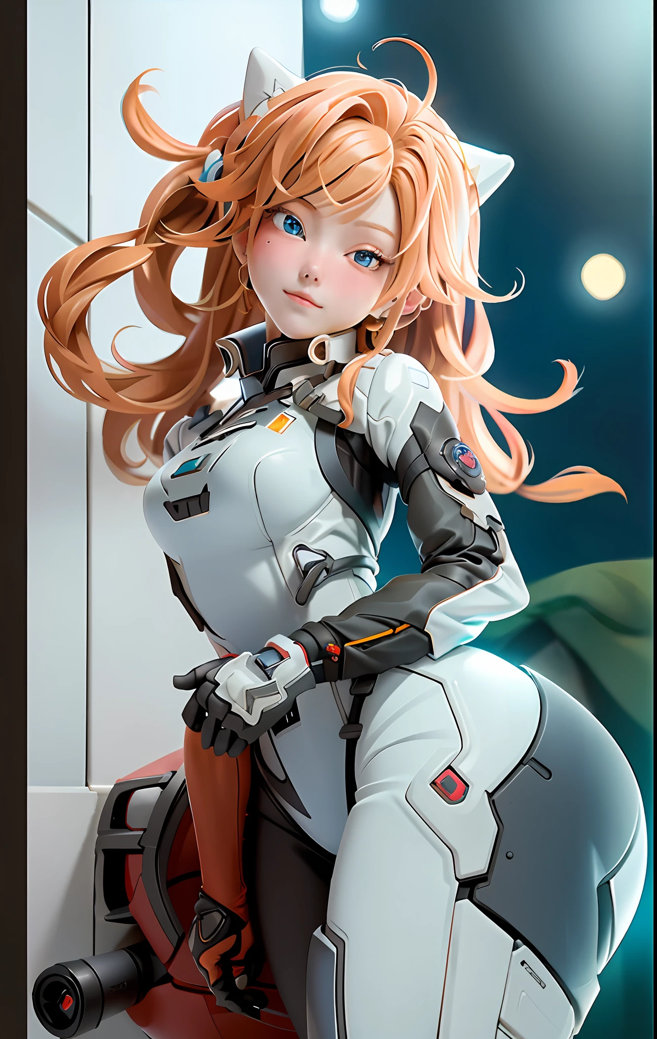(Overhead view),dynamic angle,ultra-detailed, illustration, close-up, straight on, 1girl, ((souryuu asuka langley, interface headset, red bodysuit:1.4, blonde)),Her eyes shone like dreamy stars,(glowing eyes:1.233),(beautiful and detailed eyes:1.1),(expressionless,closed mouth),(standing), (mechanic room with toolsand spaceship windowin a white SPACESHIP), (night:1.2),dreamy, [[delicate fingers and hands:0.55]::0.85],(detail fingers),