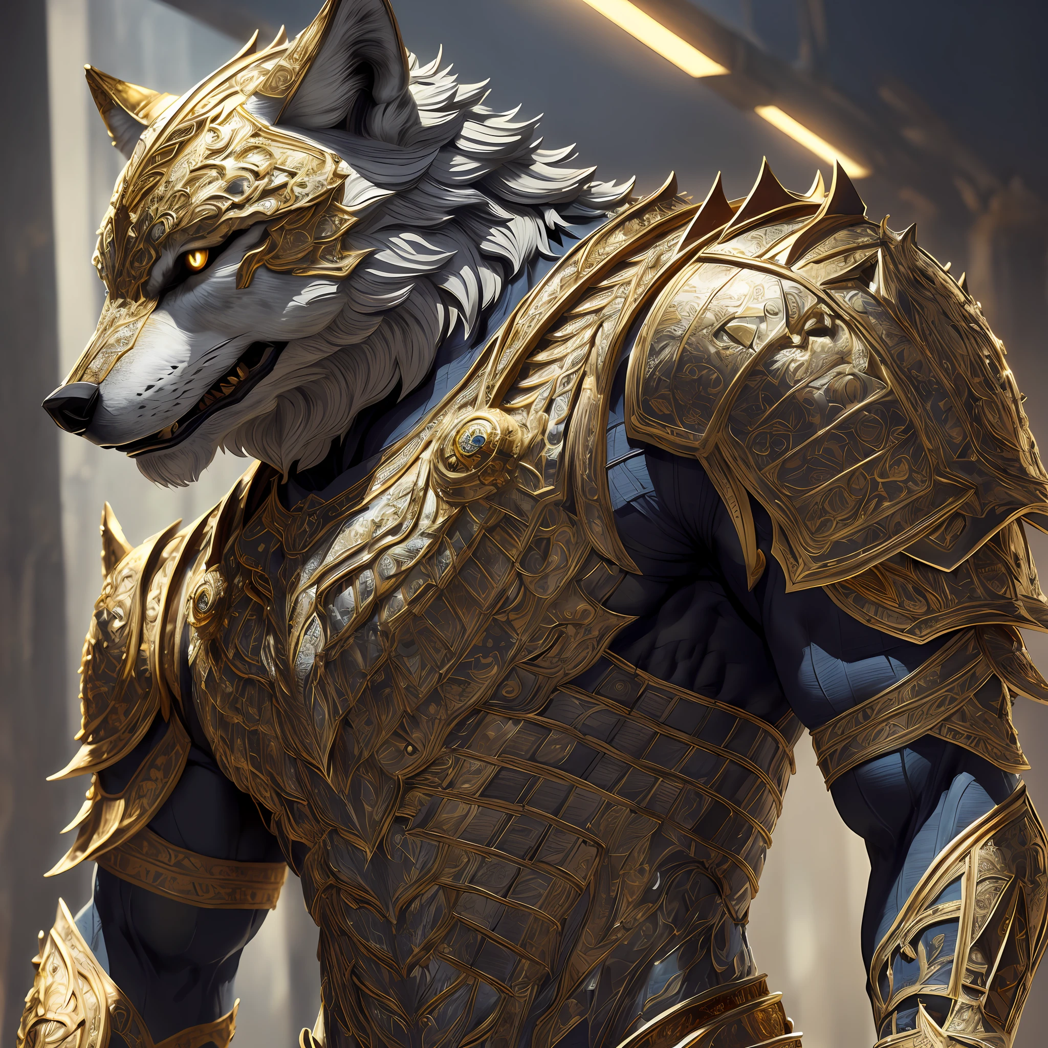 (Realisticity: 1.3), Intricate Details, Painting \ (Artwork \), Burly Body, Muscular, ((Masterpiece, Best Quality)), ((Cinema Light)), Wolf Head, Horror, Dark Fantasy \ (Style), Detailed Gold Armor, Detailed Helmet,