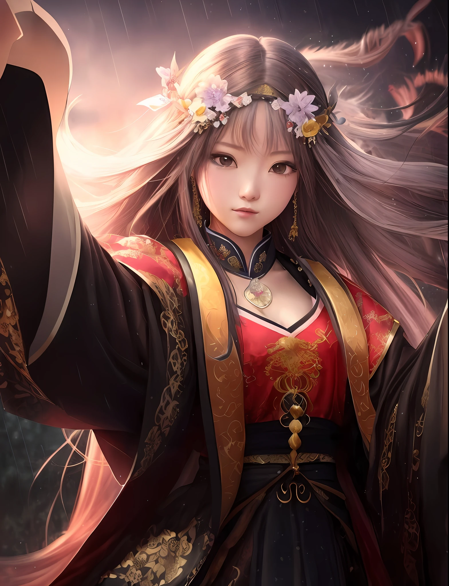anime girl with long hair and a flower crown in the rain, onmyoji detailed art, palace , a girl in hanfu, onmyoji portrait, onmyoji, by Yang J, a beautiful fantasy empress, beautiful character painting, flowing hair and long robes, detailed digital anime art, japanese goddess, beautiful alluring anime woman, inspired by Ju Lian