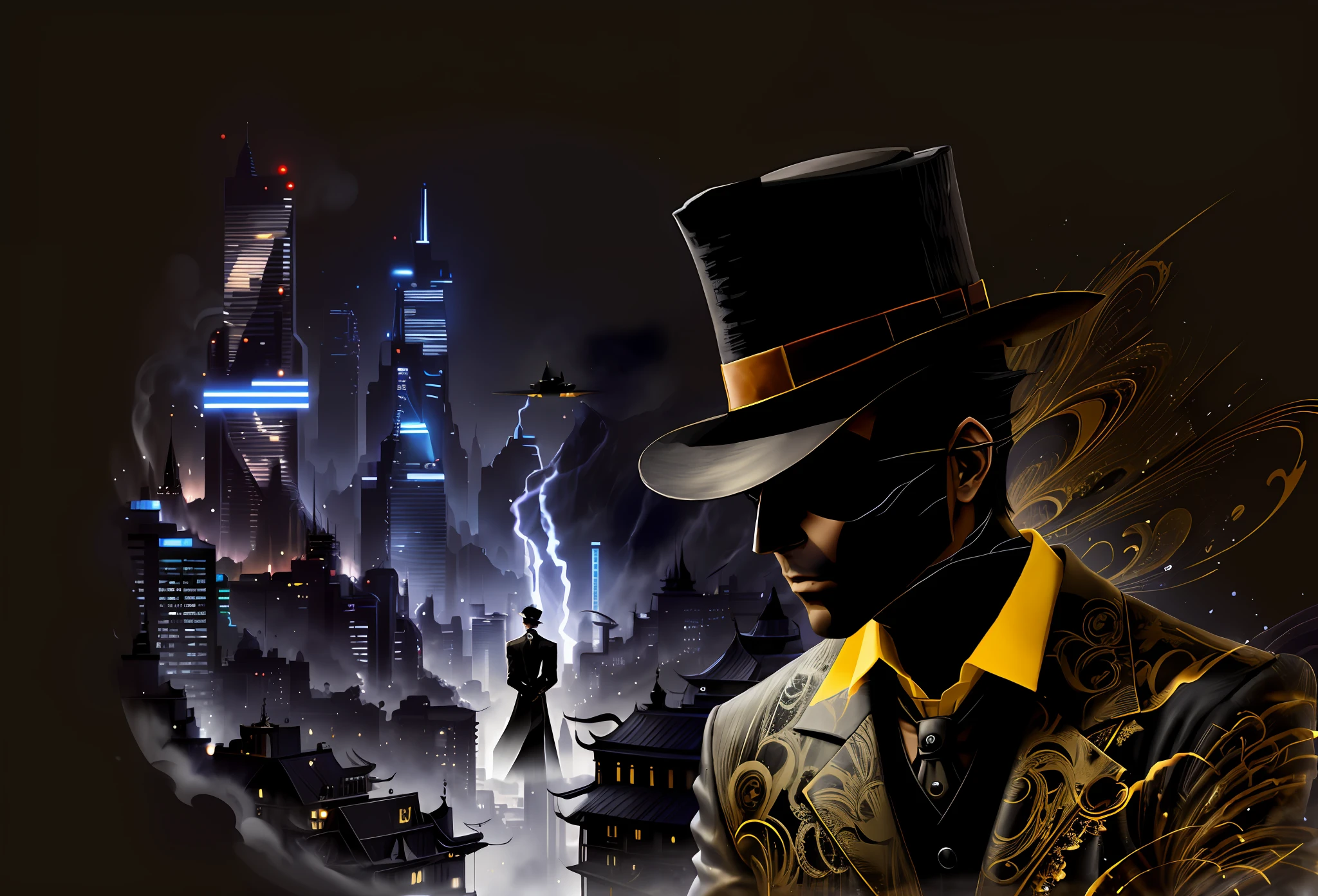 Arafo image of an asian man in suit and hat, background is a city, black top hat and fedora, new black style, new black style, new black style, stylized digital illustration, (dark brown background), dark brown, futuristic dark brown, brown movie world character design, brown steampunk city vibe