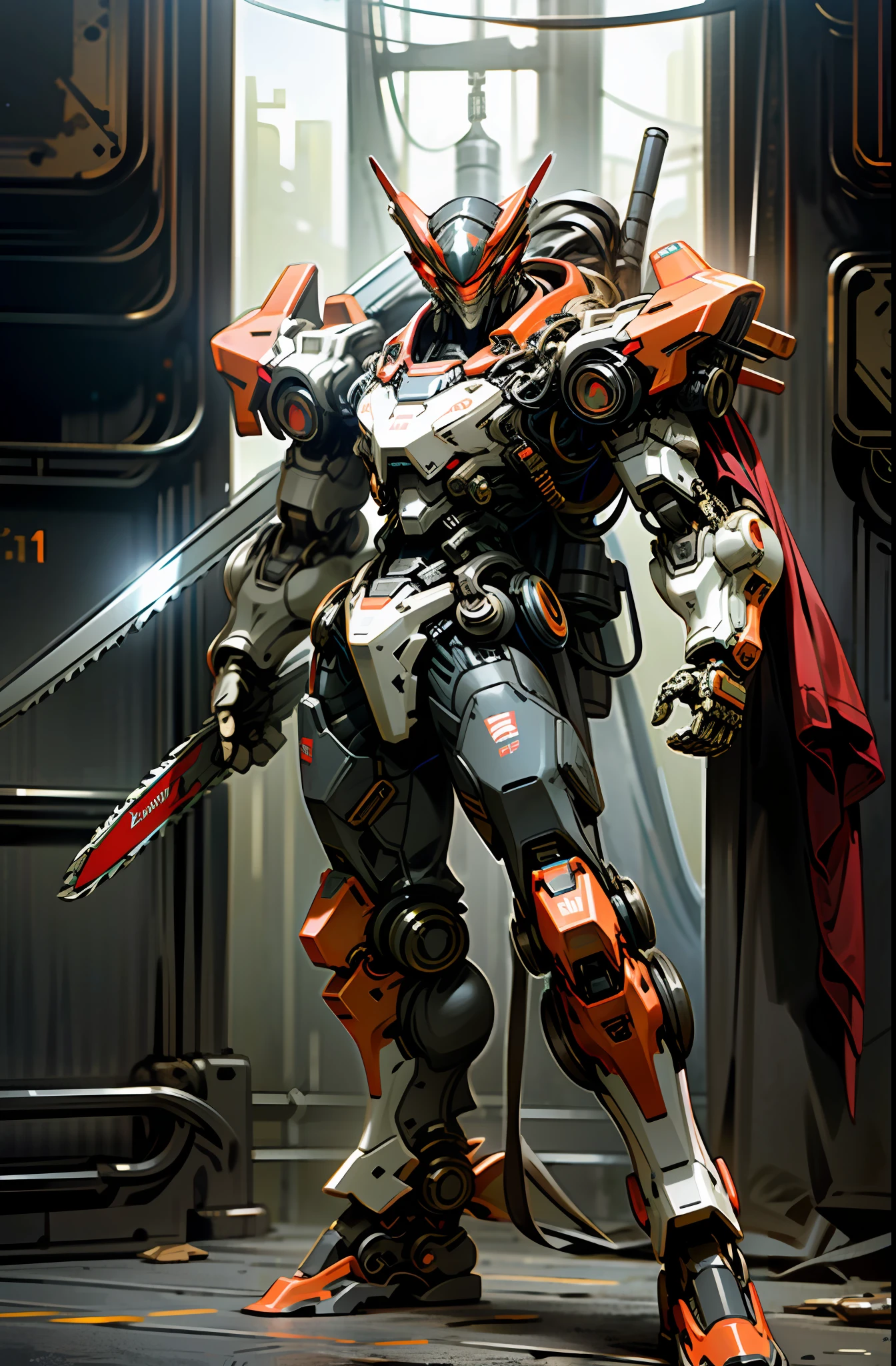 Dark_Fantasy, Cyberpunk, (chain saw, chain saw man, Red: 1.1), 1man, Mechanical marvel, Robotic presence, Cybernetic guardian, wearing shabby mech suits, intricate, (steel metal [rusty]), elegant, clear focus, photographed by Greg Rutkowski, Soft lighting, bright colors, masterpiece, ((street)), cowboy shooting, dynamic pose, simple background, full body