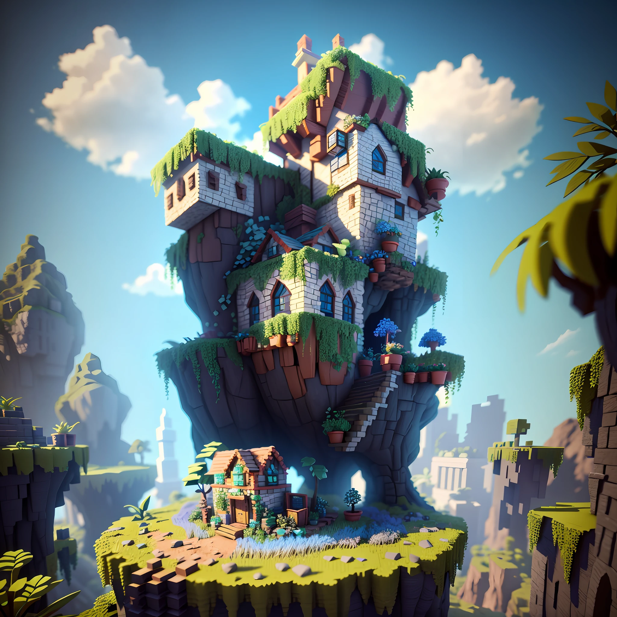 A small building with plants, V-ray rendering, 3D, Voxel Art, cinematic, fantasy, blue sky, rainbow.