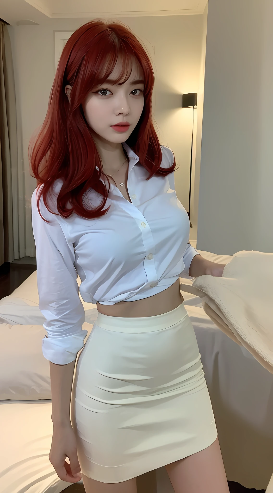((Realistic lighting, Best quality, 8K, Masterpiece: 1.3)), Clear focus: 1.2, 1girl, Perfect beauty: 1.4,Slim abs: 1.1, ((red bob hair)), (seductive silhouetted white shirt and skirt: 1.4), (indoor, Night: 1.1), bed view, Super fine face,(seductive), Fine eyes, Double eyelids,
