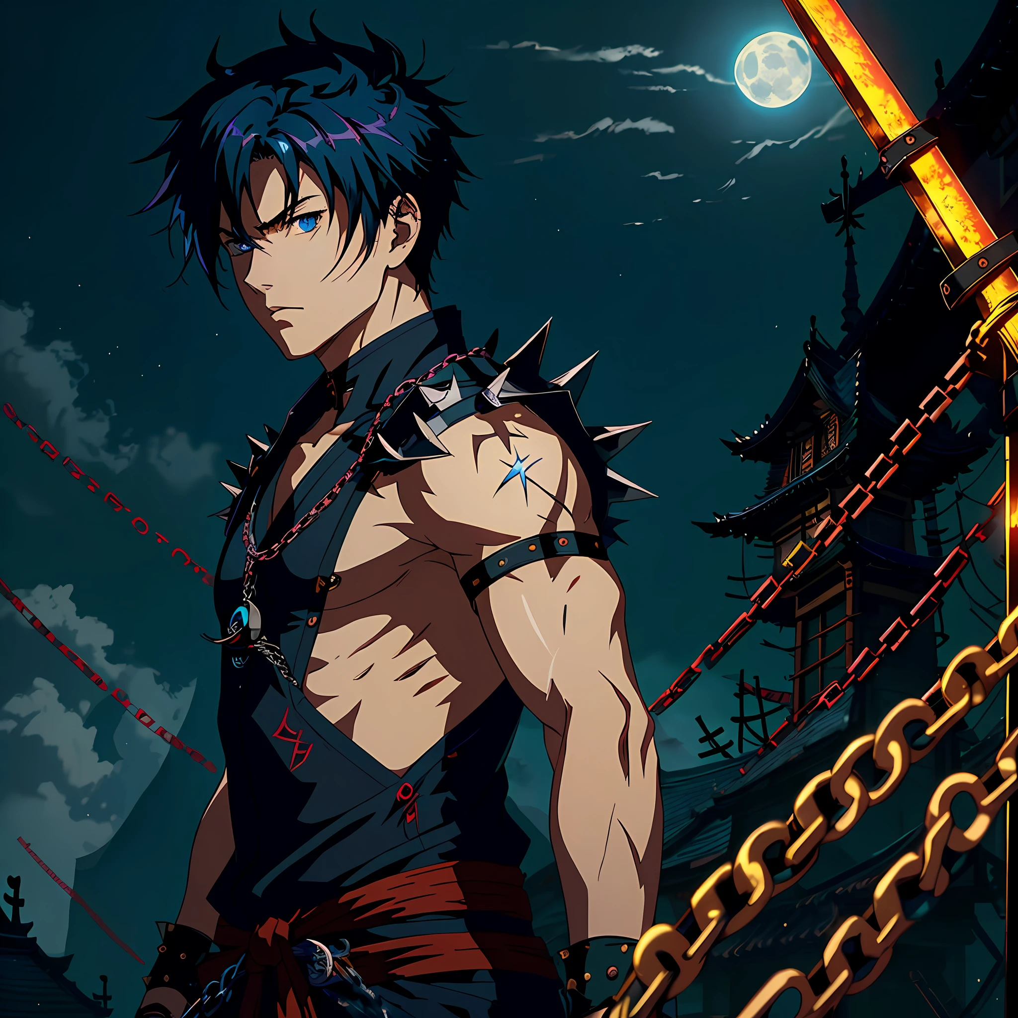 ((Masterpiece, best quality:1.2)),Anime boy,wearing ninja outfit, surrounded by chains,spiky blue and black hair, heterochromia, surrounded by Ninja's,holding a chain and sickle, surrounded by mist,ninja village, night, natural Moon light,highest quality digital art, Stunning art, wallpaper 4k,8k,64k, HD, unparalleled masterpiece, dynamic lighting, cinematic, epic