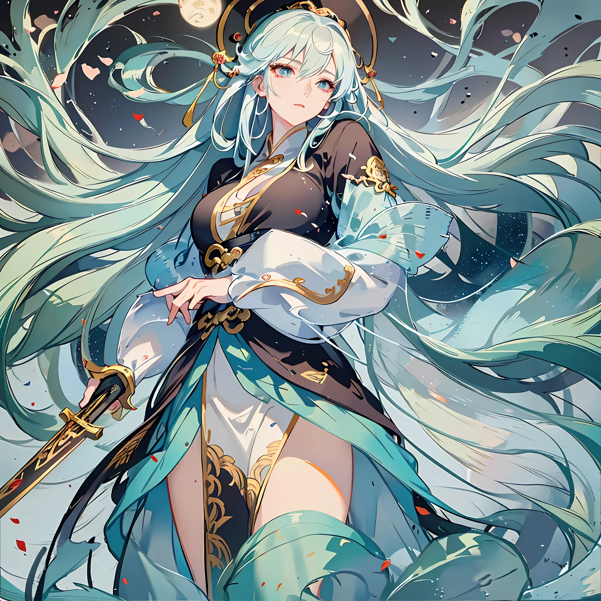 A painting, a woman with long hair and a sword, flowing hair and robes, handsome guy in demon slayer art, Yang J, flowing white robes, beautiful character painting, white hair god, anime characters, long white hair, fanci, anime character art, white long hair, from Kenshin, male anime character, by Huang Shen (masterpiece, best quality: 1.2)