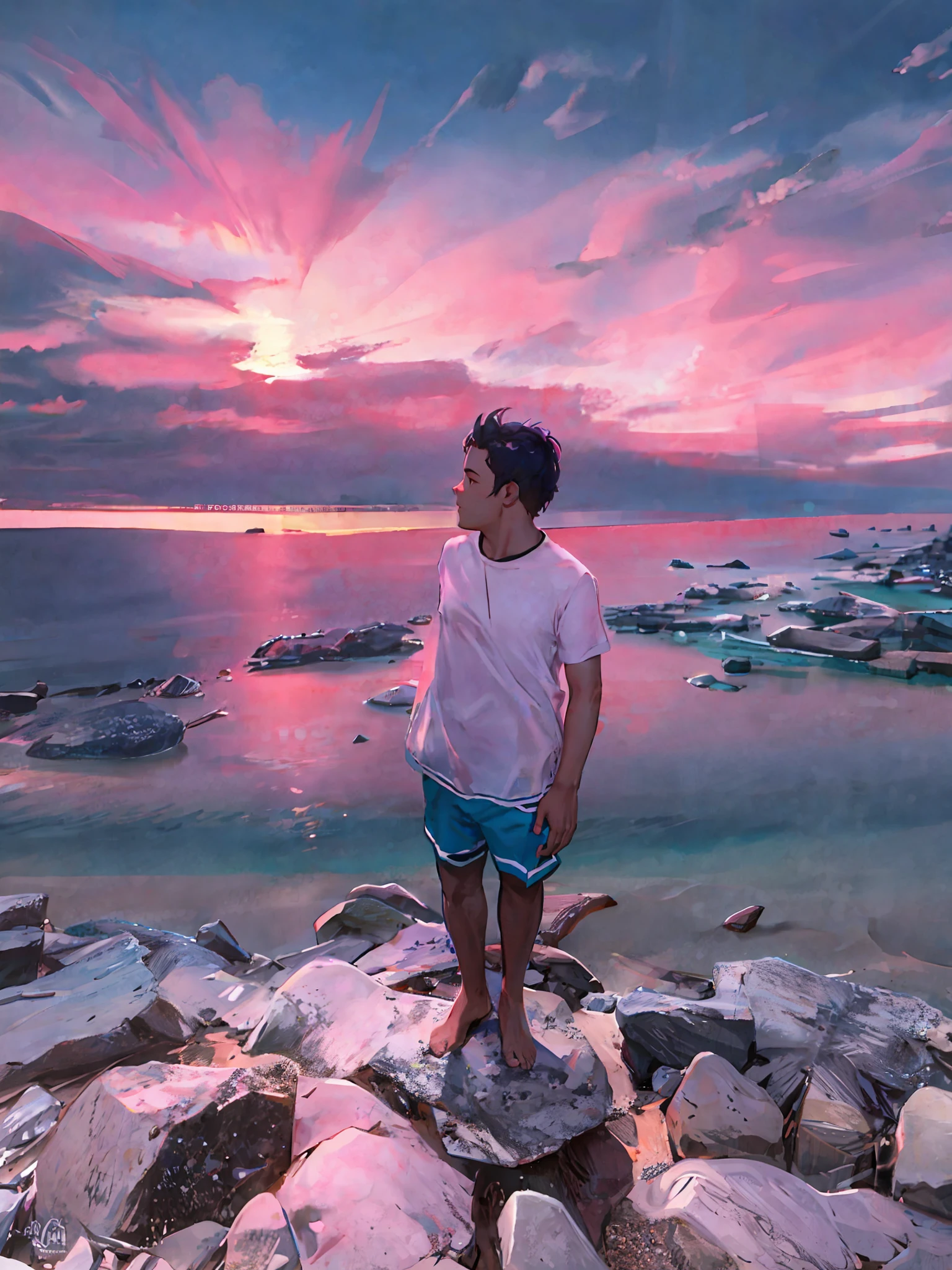 arafed man standing on a rocky beach looking out at the ocean, looking out at a pink ocean, posing on a beach with the ocean, standing beside the ocean, standing at the beach, looking at the ocean, standing on rocky ground, standing on a beach, looking out at the ocean, the ocean in the background, standing near the beach, standing in sand