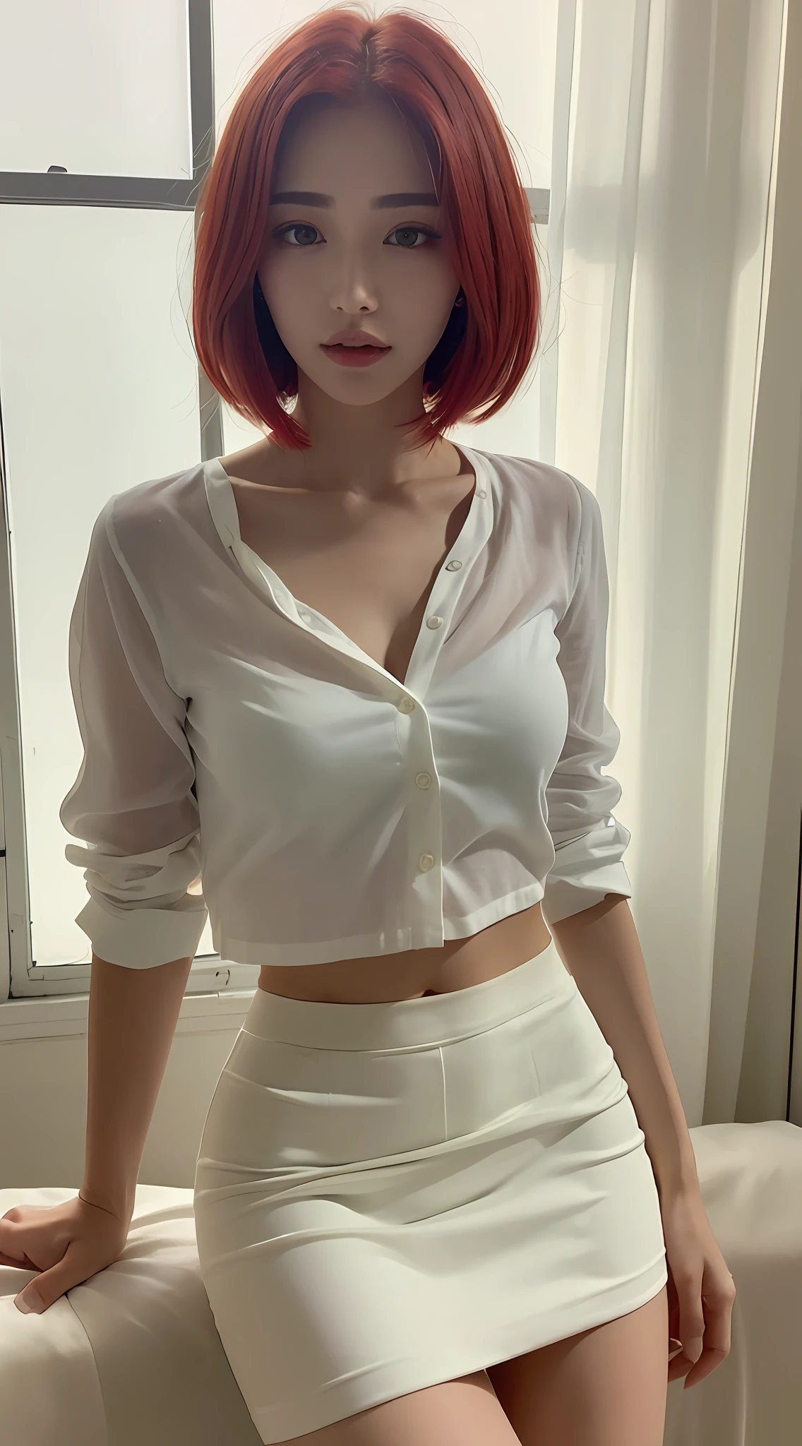 ((Realistic lighting, Best quality, 8K, Masterpiece: 1.3)), Clear focus: 1.2, 1girl, Perfect beauty: 1.4,Slim abs: 1.1, ((red bob hair)), (seductive silhouetted white shirt and skirt: 1.4), (indoor, Night: 1.1), bed view, Super fine face,(seductive), Fine eyes, Double eyelids,