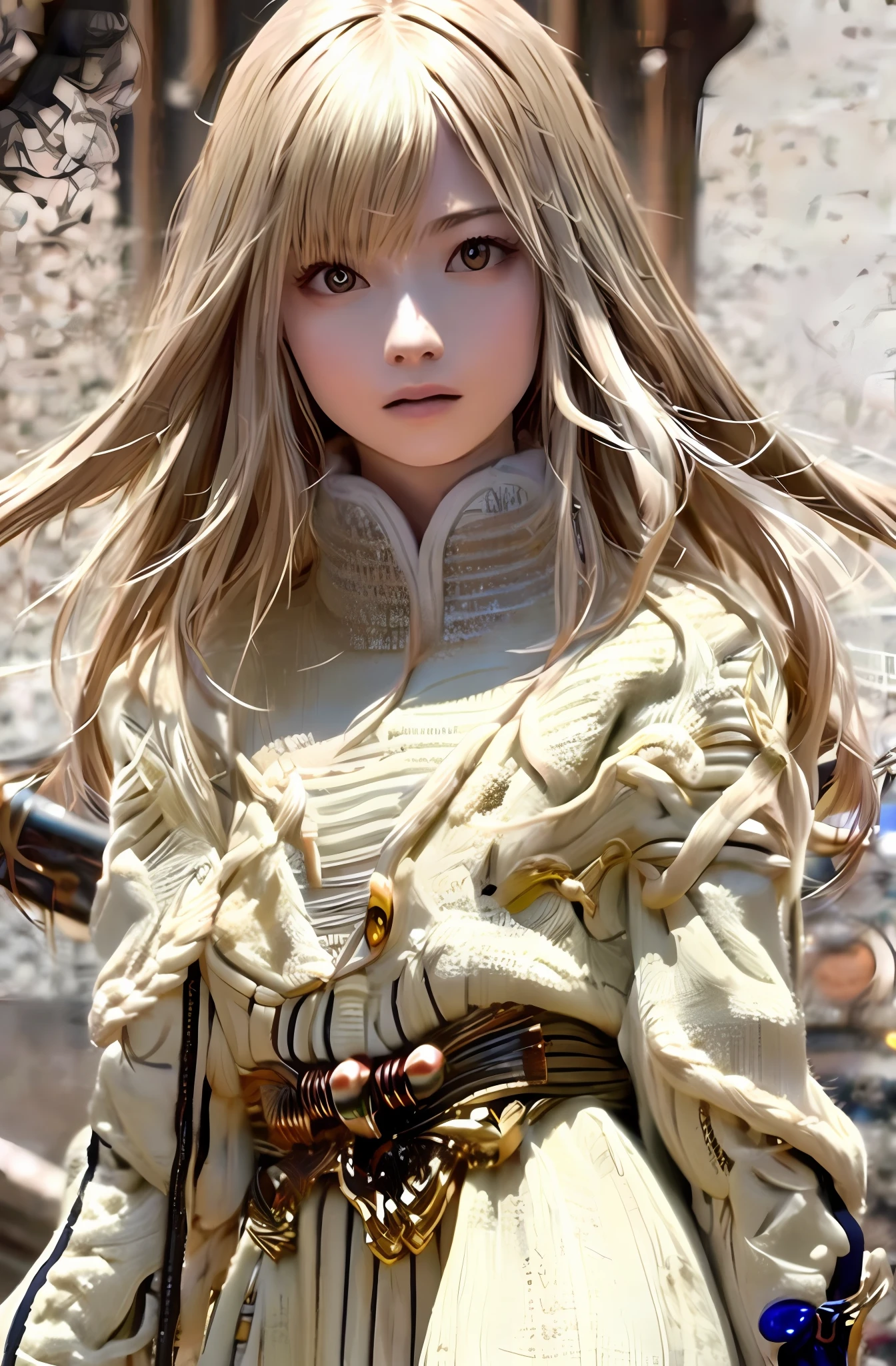 best quality, masterpiece, upper body,
woman, 
windblown blonde hair,
sparkling eyes,
steampunk nude
windy,
