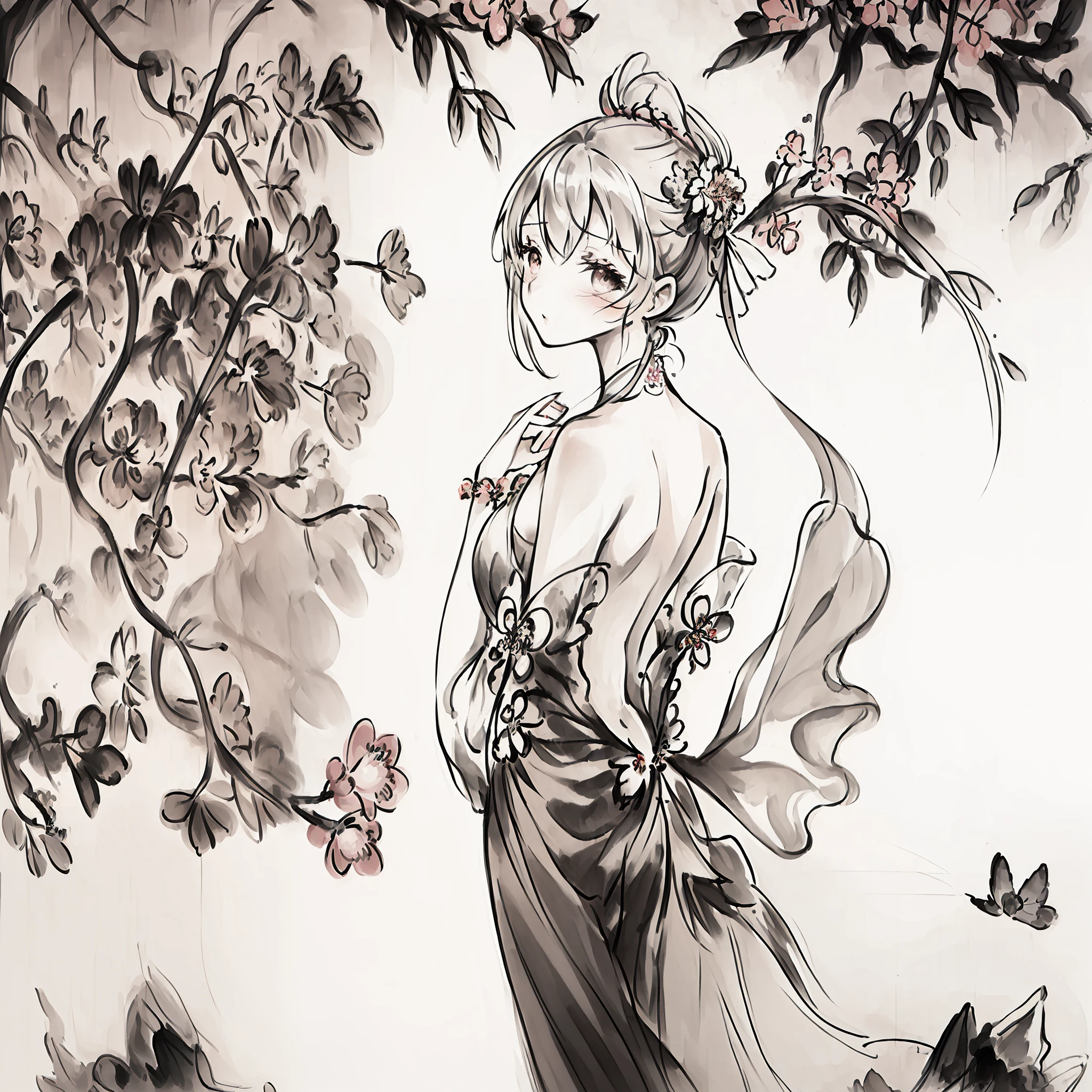 (((masterpiece))),(((best quality))),((ultra-detailed)), ((illustration)),floating, ((an extremely delicate and beautiful)),(beautiful detailed eyes),((disheveled hair)), (painting),(sketch), 1girl, small_breasts,((neck)),(((back))),(looking back), blush,dhalter dress, sliver hair,backless dress