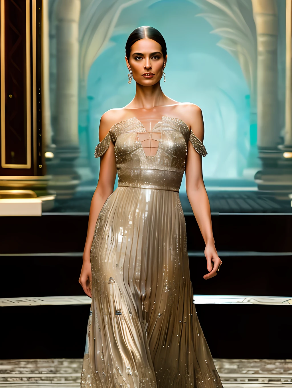 A hyper realistic ultra detailed photograph of a beautiful female supermodel walking down a runway at a Fashion Show, wearing a wedding dress, stunningly beautiful young woman in very high slit rich material wedding dress, spotlight, detailed symmetric beautiful hazel eyes, haute couture, delicate and beautiful face, trending on cg society, official valentino editorial, moonlight, medium symmetry, behance contest winner, portrait featured on unsplash, stylized digital art, smooth, ultra high definition, 8k, unreal engine 5, ultra sharp focus, award-winning photograph, Canon EOS 5D Mark IV DSLR, f/8, ISO 100, 1/250 second, TanvirTamim, trending on artstation, by artgerm, h. r. giger and beksinski, highly detailed, vibrant