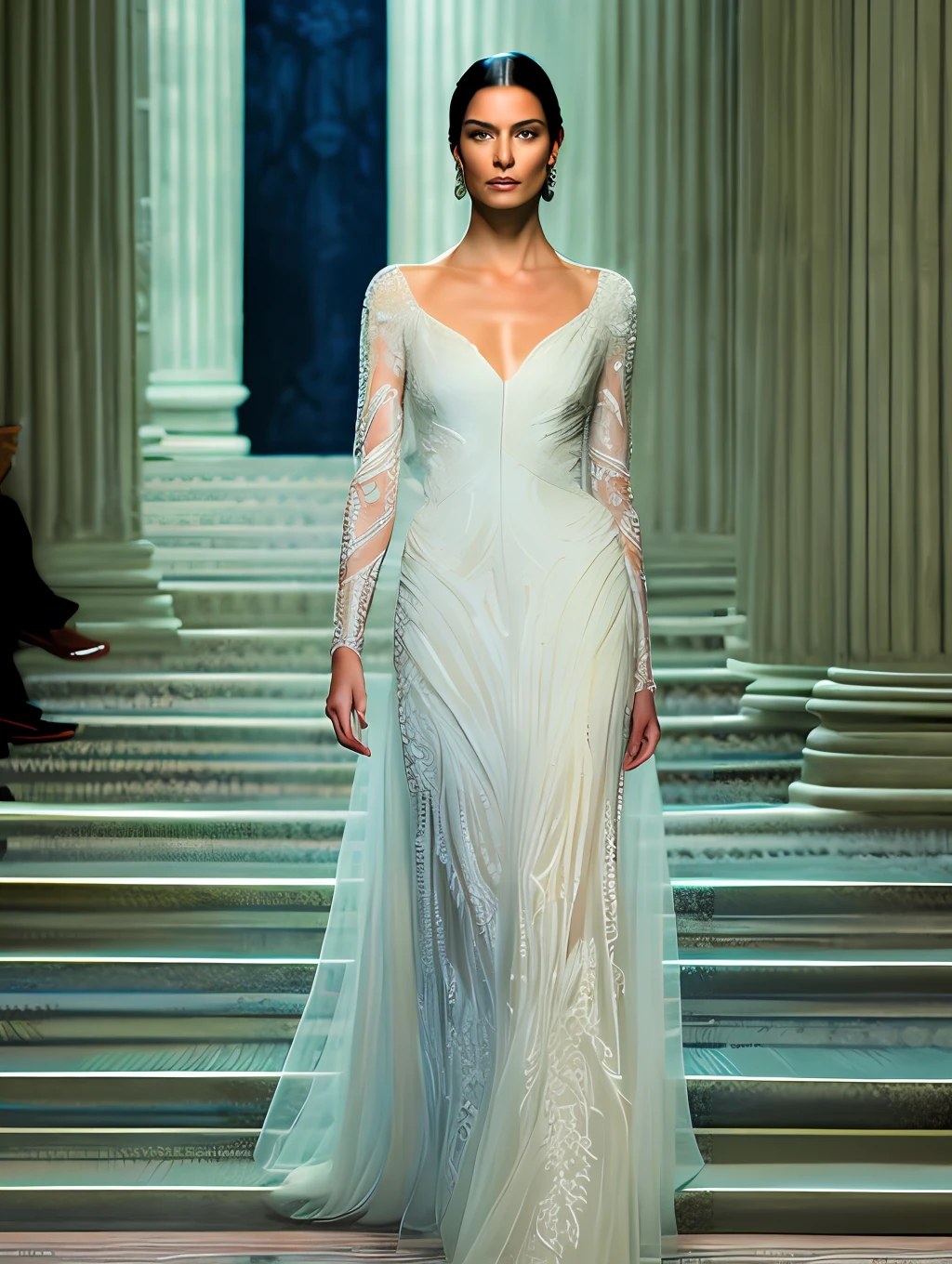 A hyper realistic ultra detailed photograph of a beautiful female supermodel walking down a runway at a Fashion Show, wearing a wedding dress, stunningly beautiful young woman in very high slit rich material wedding dress, spotlight, detailed symmetric beautiful hazel eyes, haute couture, delicate and beautiful face, trending on cg society, official valentino editorial, moonlight, medium symmetry, behance contest winner, portrait featured on unsplash, stylized digital art, smooth, ultra high definition, 8k, unreal engine 5, ultra sharp focus, award-winning photograph, Canon EOS 5D Mark IV DSLR, f/8, ISO 100, 1/250 second, TanvirTamim, trending on artstation, by artgerm, h. r. giger and beksinski, highly detailed, vibrant