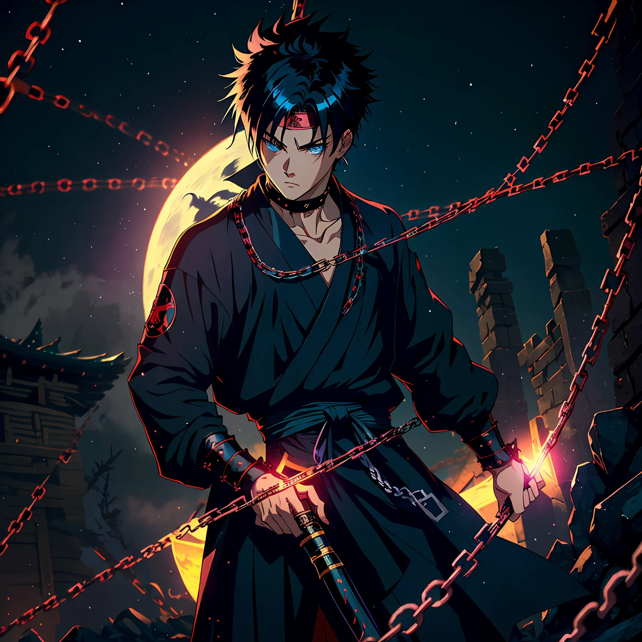 ((Masterpiece, best quality:1.2)),Anime boy,wearing ninja outfit, surrounded by chains,spiky blue and black hair, heterochromia, surrounded by Ninja's,holding a chain and sickle, surrounded by mist,ninja village, night, natural Moon light,highest quality digital art, Stunning art, wallpaper 4k,8k,64k, HD, unparalleled masterpiece, dynamic lighting, cinematic, epic