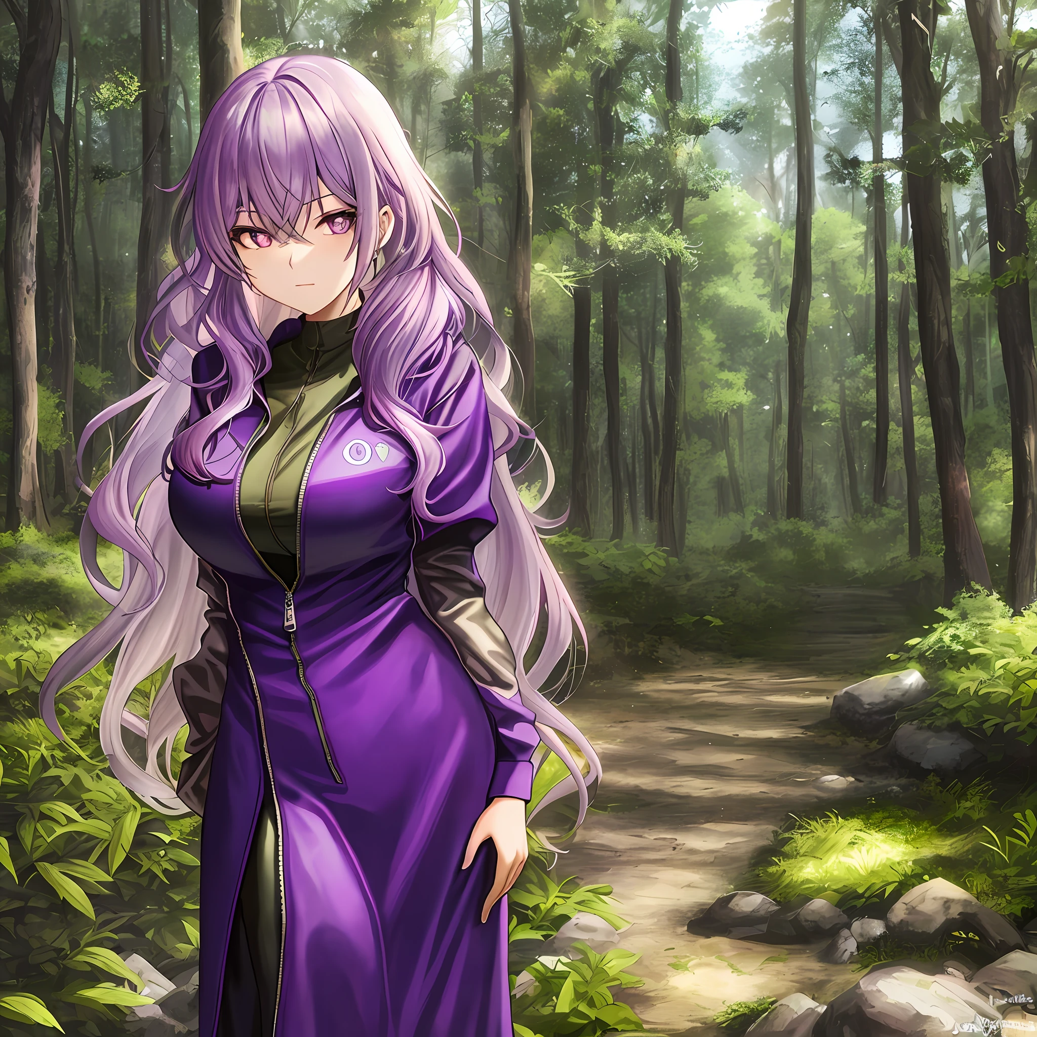 one sexy woman in a forest, amethyst-colored hair, long hair, amethyst-colored clothing, purple unzipped hoodie,Embroidered shirt, long dress, medium-sized boobs, tall, standing politely, amethyst-colored eyes, softie eyes, sexy body, tall