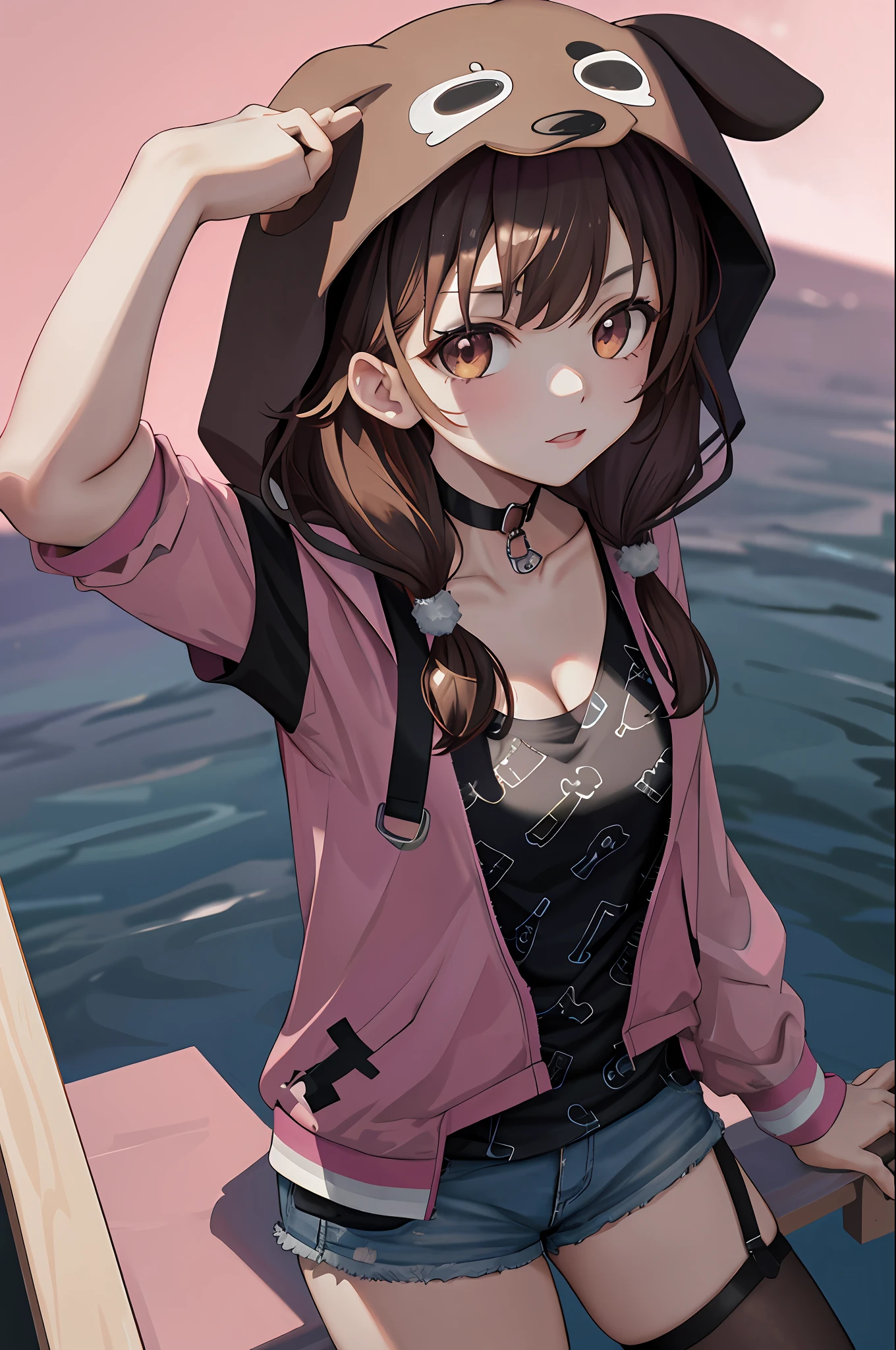 masterpiece, best quality, highres, ik3, brown hair,  black shirt, animal hood, cleavage, pink jacket, blue shorts, black choker, short shorts, medium breasts, thigh strap, print shirt, cowboy shot, arms behind back,