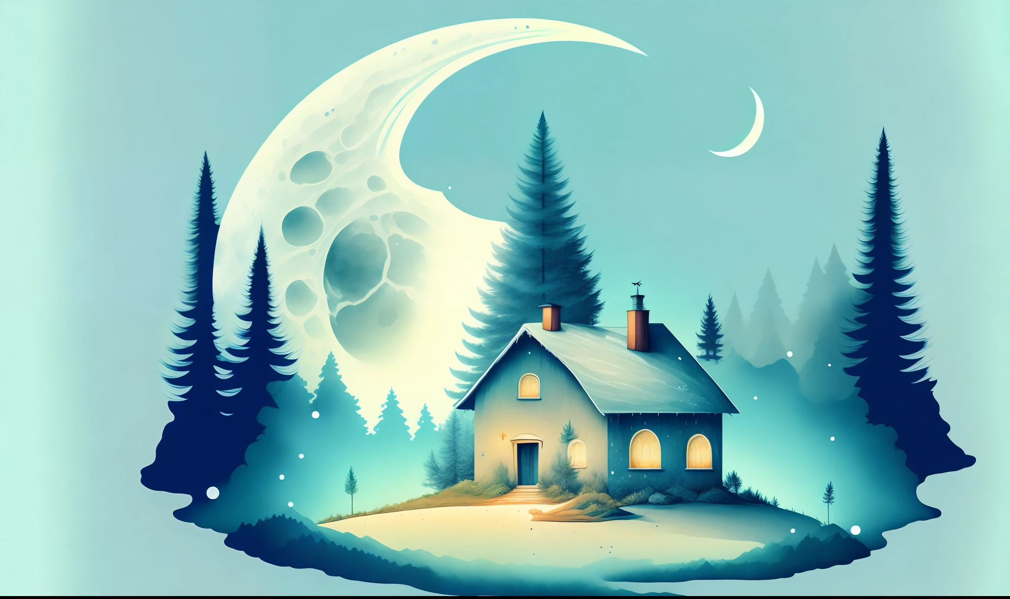 ((a fir house in a landscape on the moon)), (T-shirt design:0.9, vector art:0.8),rzminjourney, (best illumination:0.7, best shadow:0.7), (wide shot:0.8, dynamic angle:0.85), (watercolor:0.9, high saturation:0.8)dramatic and realistic lighting effect, cartoon style, ideal for t-shirts, vector art"