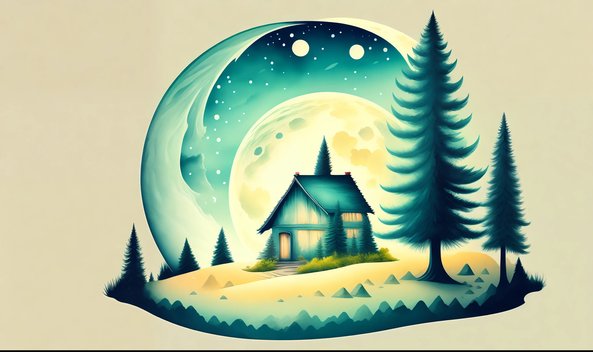 ((a fir house in a landscape on the moon)), (T-shirt design:0.9, vector art:0.8),rzminjourney, (best illumination:0.7, best shadow:0.7), (wide shot:0.8, dynamic angle:0.85), (watercolor:0.9, high saturation:0.8)dramatic and realistic lighting effect, cartoon style, ideal for t-shirts, vector art"