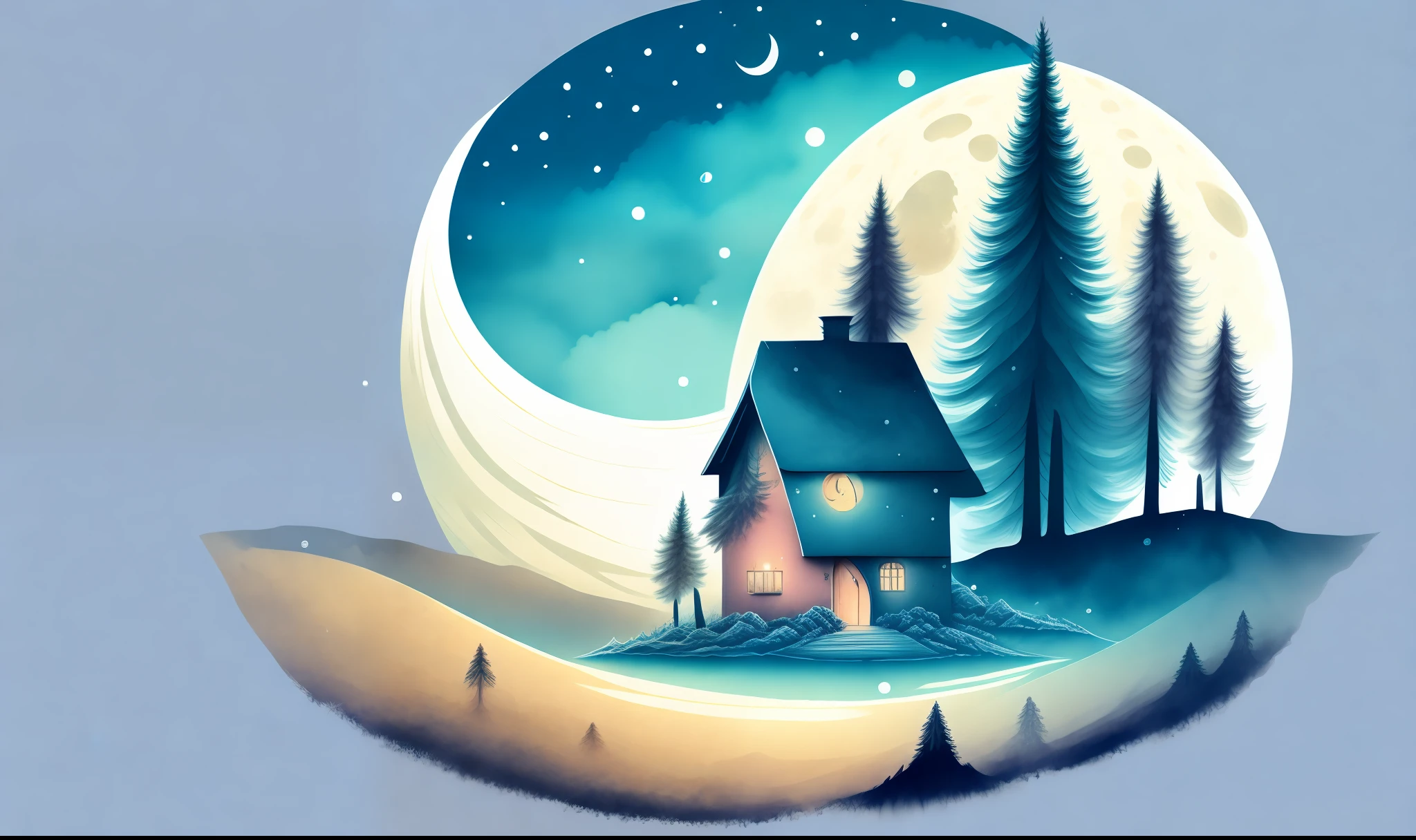 ((a fir house in a landscape on the moon)), (T-shirt design:0.9, vector art:0.8),rzminjourney, (best illumination:0.7, best shadow:0.7), (wide shot:0.8, dynamic angle:0.85), (watercolor:0.9, high saturation:0.8)dramatic and realistic lighting effect, cartoon style, ideal for t-shirts, vector art"