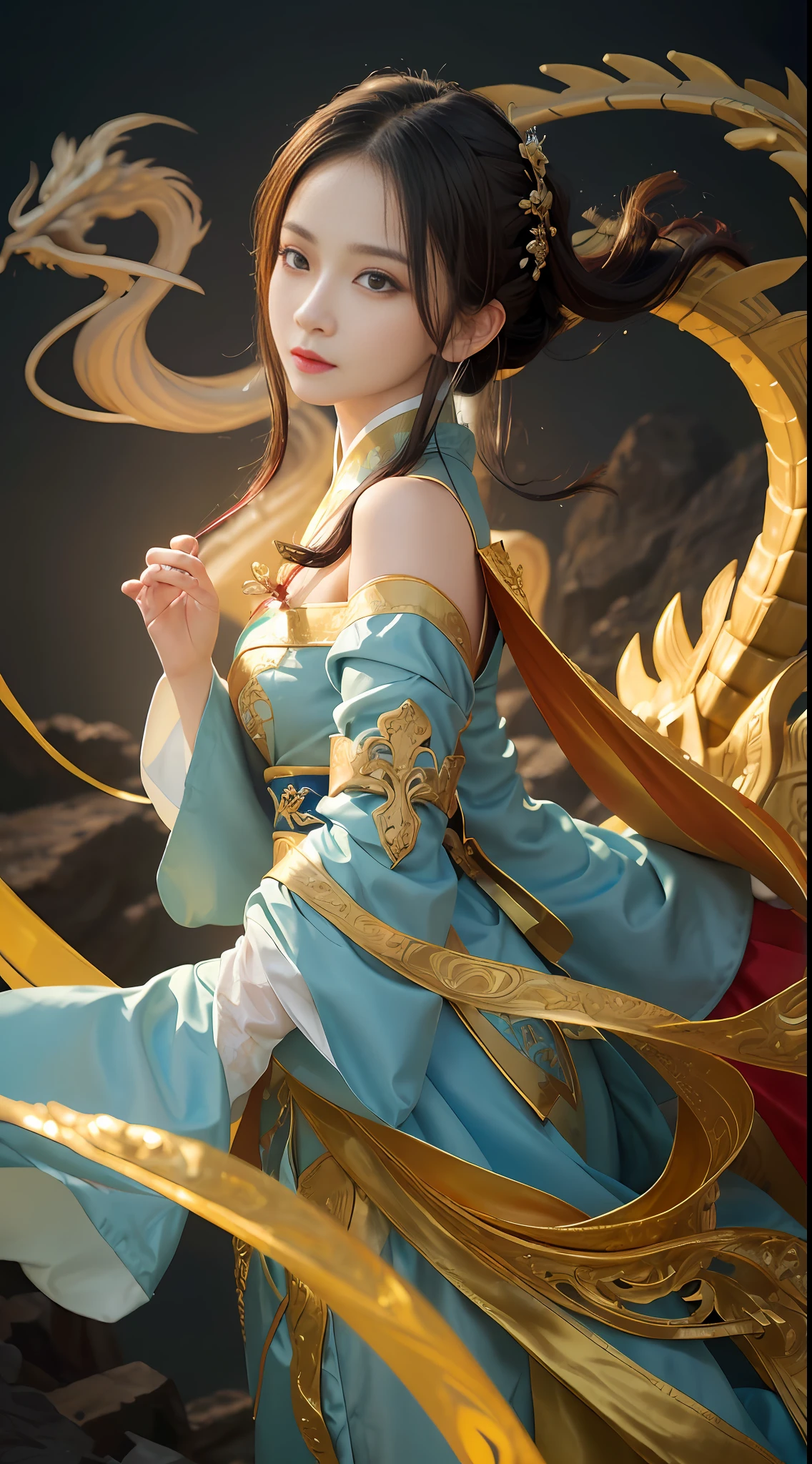 Zhong Fenghua, gorgeous hanfu, official art, Unity 8k wallpaper, super detailed, beautiful beauty, masterpiece, best quality, (tangled, tangled, tangled), (fractal art: 1.4), (character center: 1.3), 1 girl, shocking domineering Chinese dragon, detailed tap, black hair, long ponytail, Chinese, off-the-shoulder, very detailed, dynamic angle, cowboy shot, (most beautiful form of chaos), ethereal, (bright colors), OC, (half: 1.2), China, (Thangka Feitian: 1.5), (Ribbon: 1.3), (Dream: 1.5), (Hanfu: 1.5), Chinese Dragon, Chinese Phoenix, (Smile: 0.5), (Chinese God), (Masterpiece, Top Quality, Best Quality, Ultimate Detail, Highest Detail, Official Art, Beauty & Aesthetics: 1.2), Golden Ratio, Full Composition
