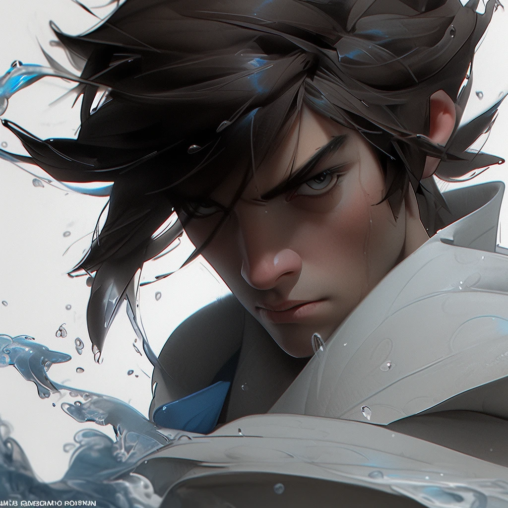 Epic water bending shot, in front, Award WinningPhotographs, Wuxia, A handsome ancient Chinese boy stood at the forefront with a knife, in the style of artgerm, Blue and Grey, powerful portraits，extreme close - upfocus on face, in the style of photorealistic eye, bokeh，in the style of hyperrealistic illustration, super ultra detail, movie screenshotUnreal Engine, Zbrush3D artVray，Glow Particular，Post Effect，Optical Flares --niji 5 --style expressive --s 400