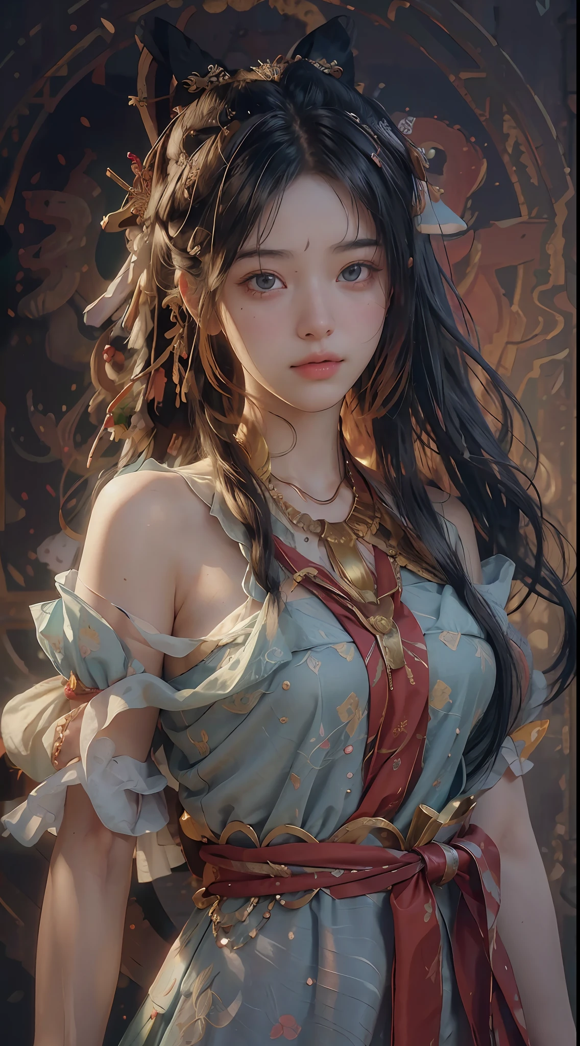 (RAW photo, best quality), (realistic, photo-realistic:1.3),best quality,highly detailed,masterpiece,ultra-detailed,illustration,1girl,upper_body,dynamic angle,world masterpiece theater,messy_long_hair,best quality,extremely detailed CG unity 8k wallpaper,ink,Amazing,cinematic lighting,lens_flare, dunhuang_style